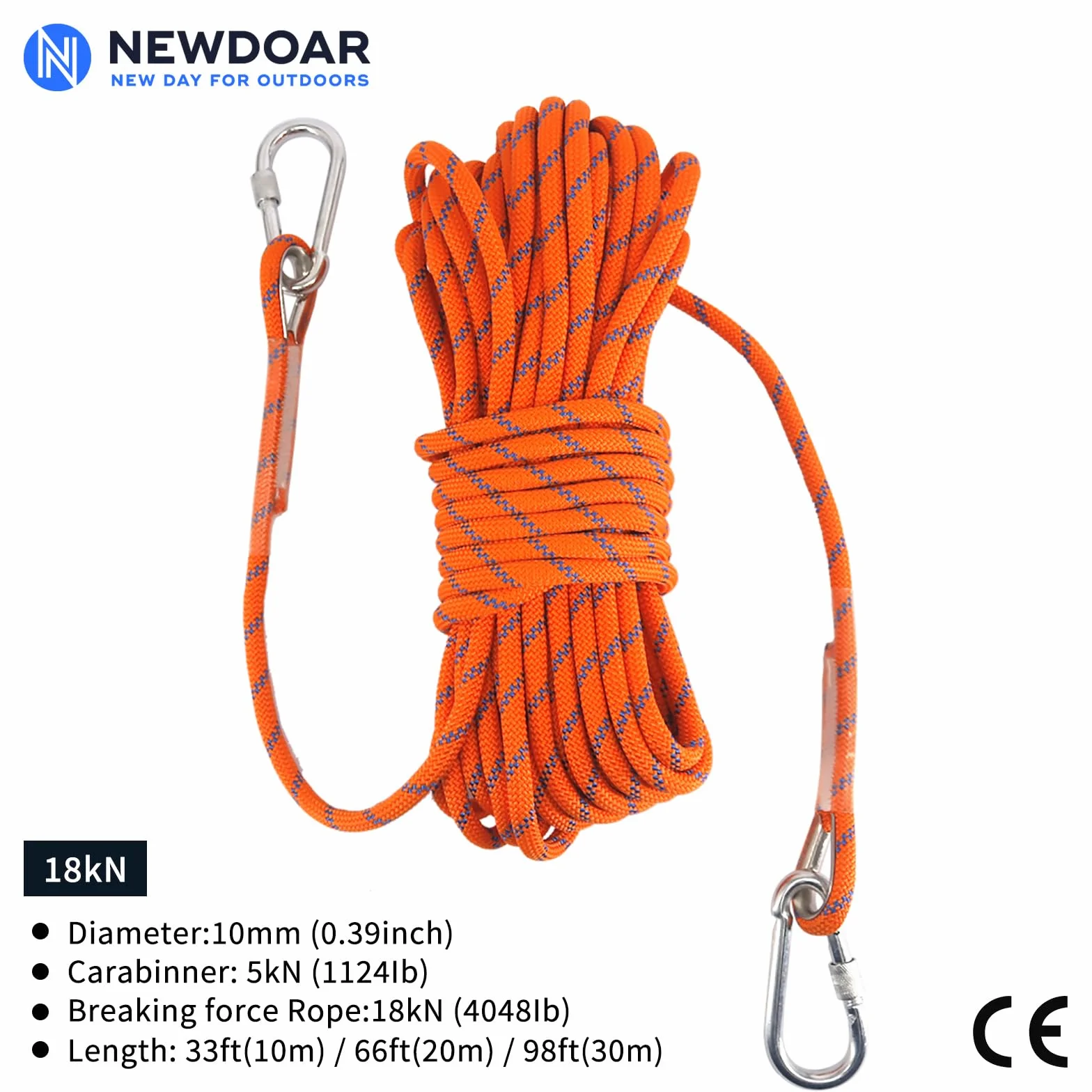 NewDoar Cuerda de escalada estática 18KN de 10 mm, equipo de cable de accesorio de 33 pies (10 m) 66 pies (20 m) 98 pies (30 m) 165 pies (50 m) cuerda de escape equipo de escalada en hielo, cuerda de