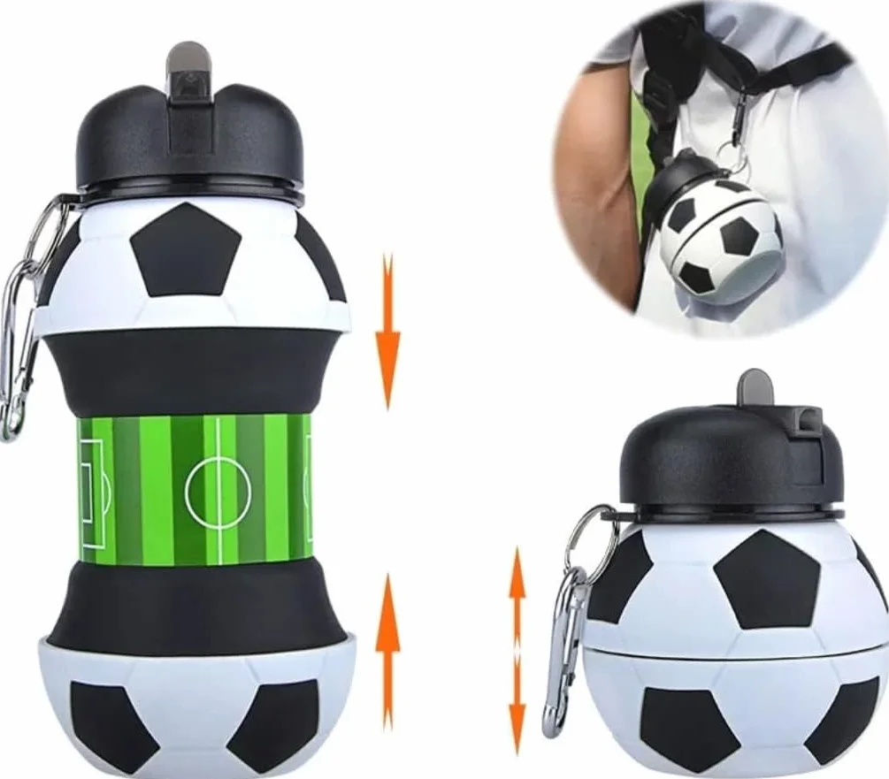 Botella de agua plegable para niños y niñas sin bpa. Cantimplora infantil para camping, personalizada con tu deporte. Balón de agua compacto para regalo original (Futbol)