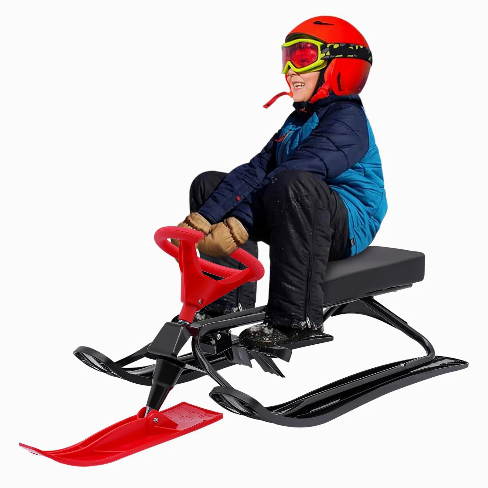Snow Racer Sled - Trineo de nieve (114 x 50 x 38 cm, con volante y frenos dobles, superficie antideslizante, robusta, para niños y adultos, 100 kg)
