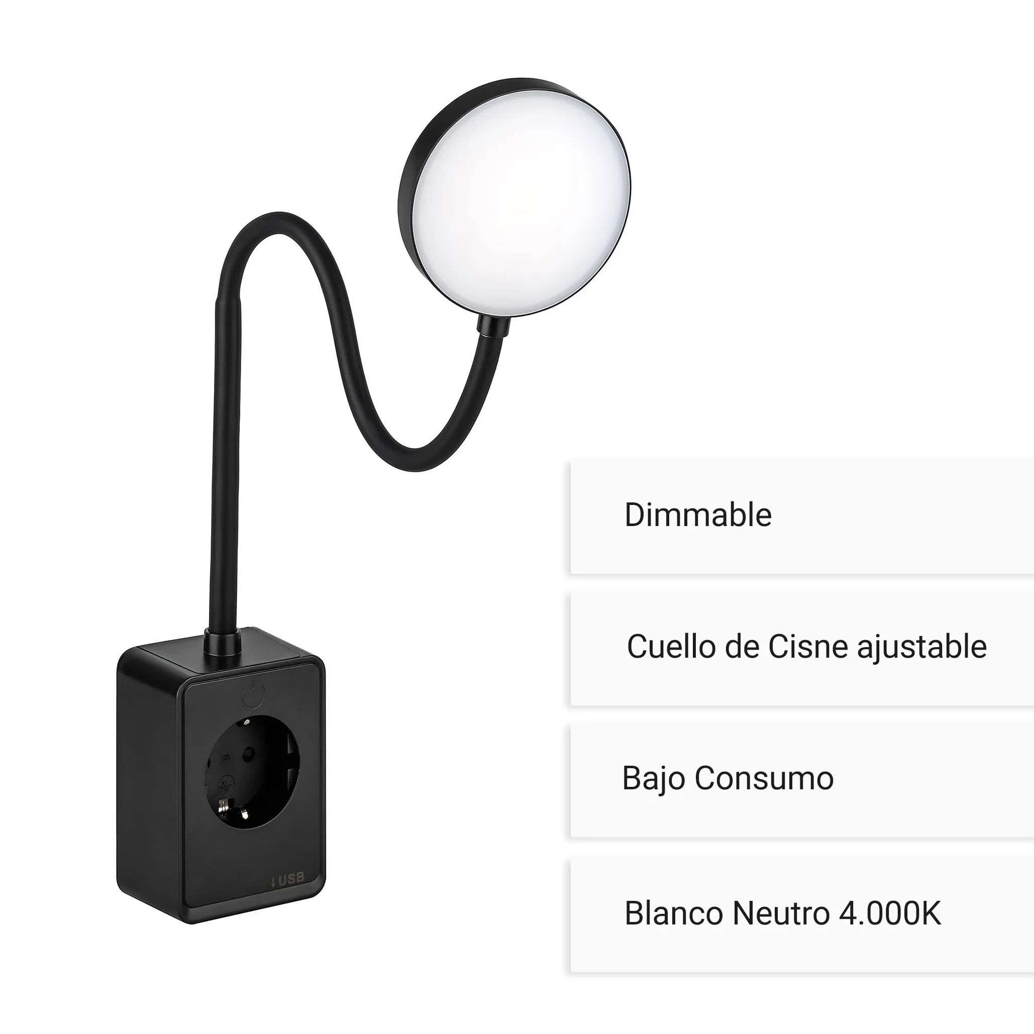 SEBSON Lámpara Enchufe Pared LED Regulable, Lampara de Lectura con USB-C, Cuello de Cisne Flexible, Blanco Neutro 4000K, 4,5W, 420lm, Negro
