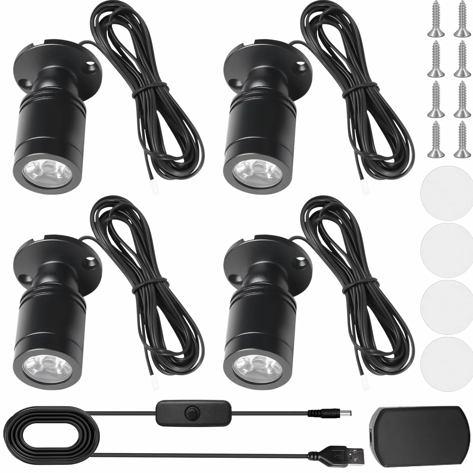 Aicharynic Mini Focos 4 unidades Luz Blanca Cálida 3000K USB 5V Foco Giratorio 360° para Vitrinas
