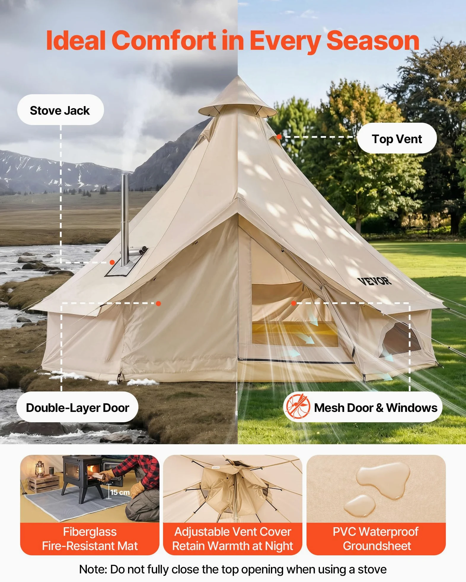 VEVOR Tienda de Campaña para 3-4 Personas, Tienda de Campaña Tipi de Tela Oxford Impermeable, con Salida de Humos de Estufa Suelo Desmontable Puerta de Malla, para Glamping Acampada Familias Amigos