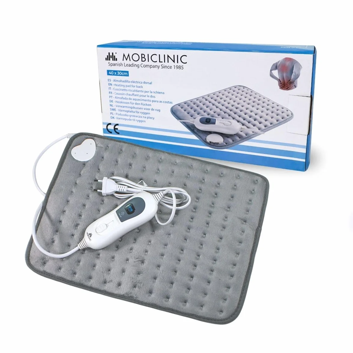 Mobiclinic, Almohadilla eléctrica, Térmica, Manta, 3 niveles de calor, Bajo consumo, Apagado automático, Potencia 100w, Esterilla, Marca española, Para espalda, Lumbares, 40x30 cm