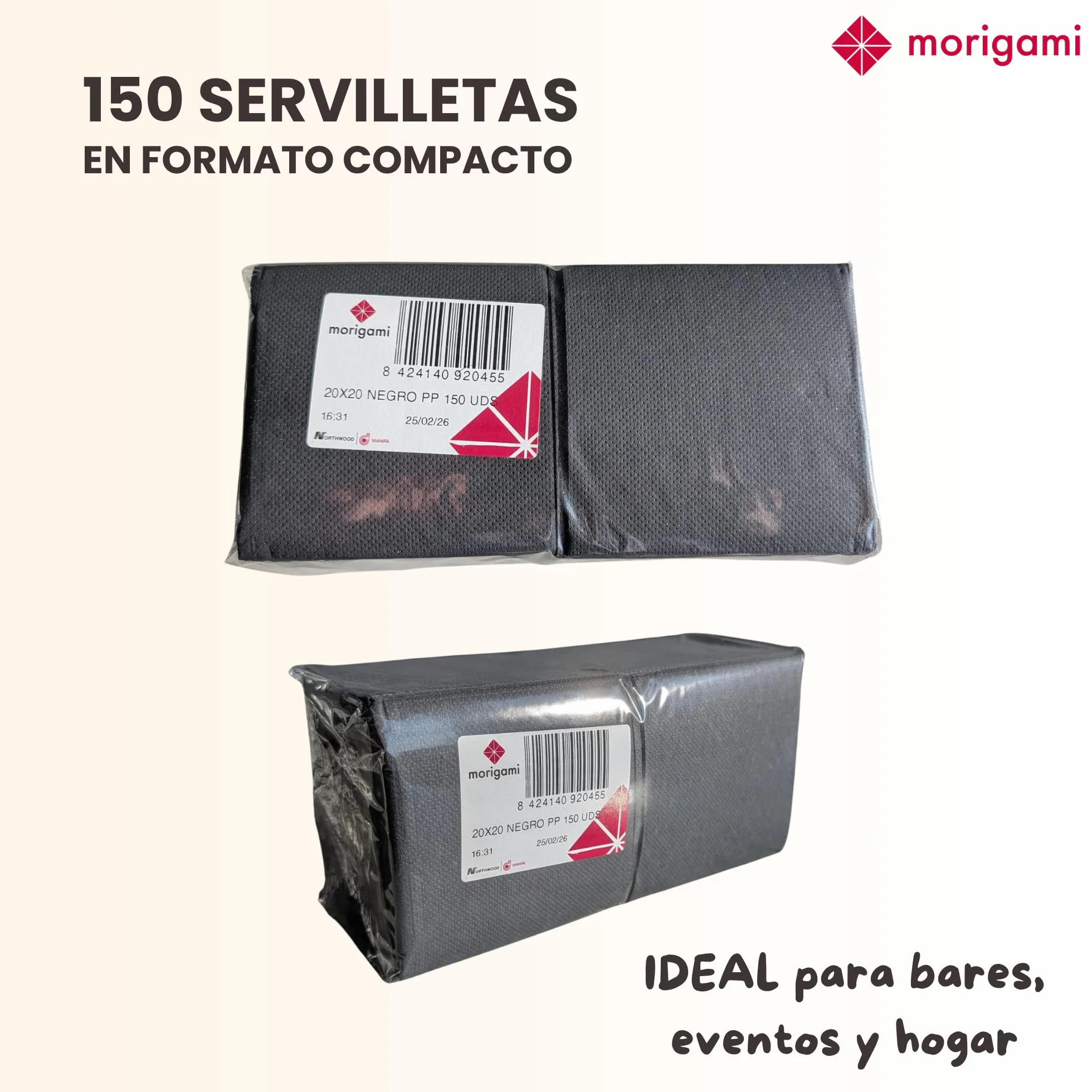 Servilleta de Papel Tamaño Cocktail, Pliegue 1/4, Punta Punta, 150 unidades, Negro