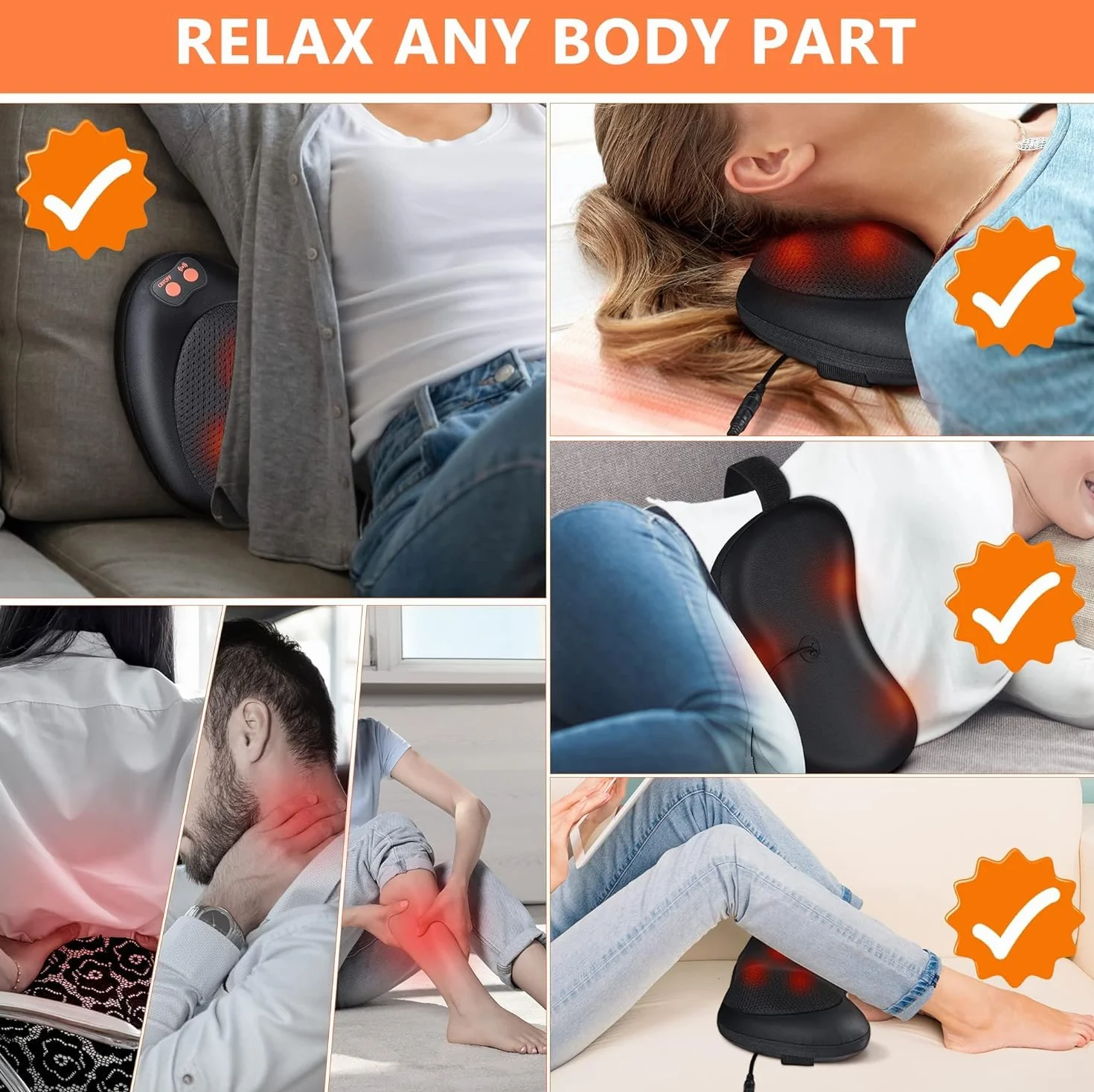Almohada de Masaje Ergonómico 8 Cabezas Bidireccionales 3 Velocidades Ajustables Calor Suave