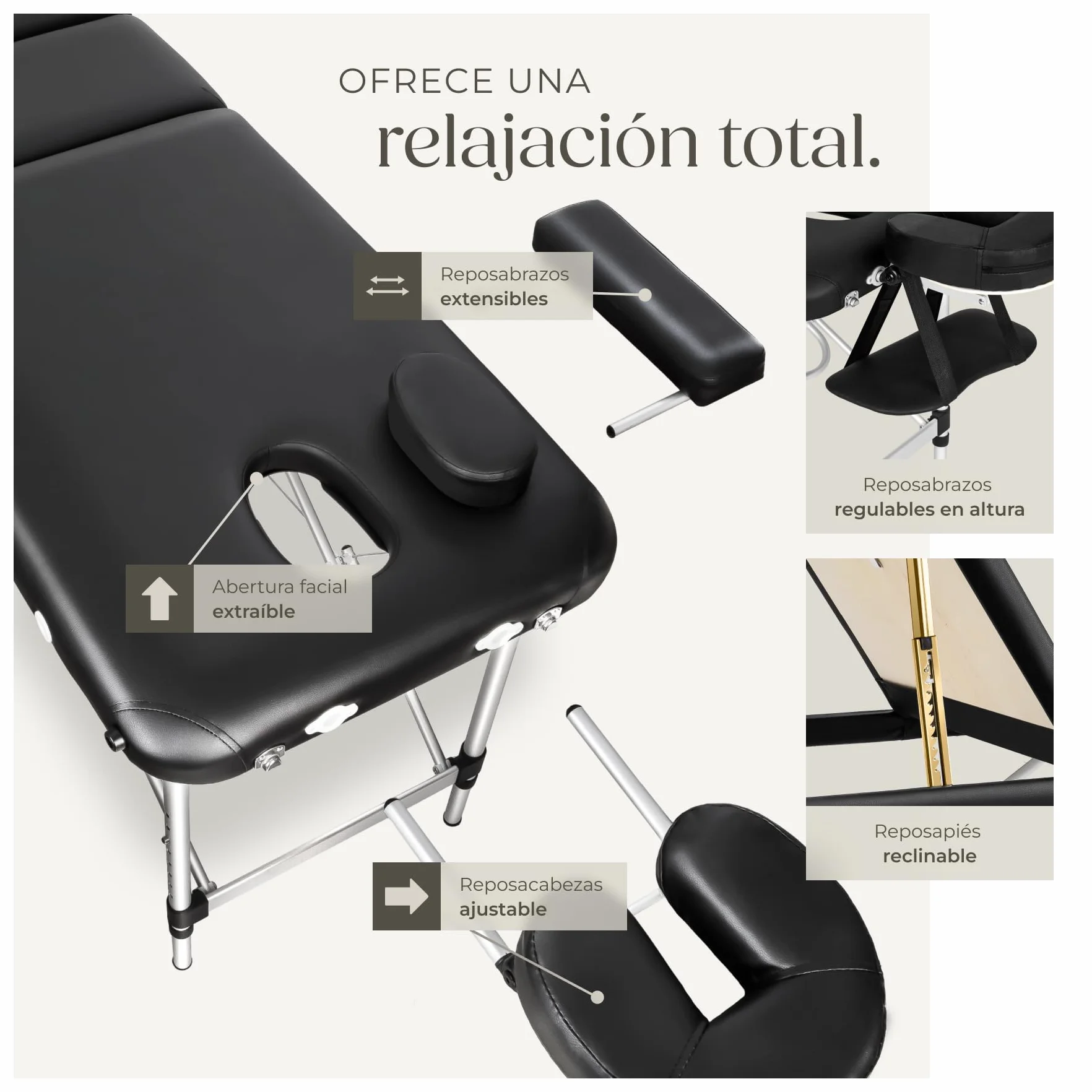 Tectake Camilla de Masaje Mesa de Masaje en Aluminio 3 Zonas Negro