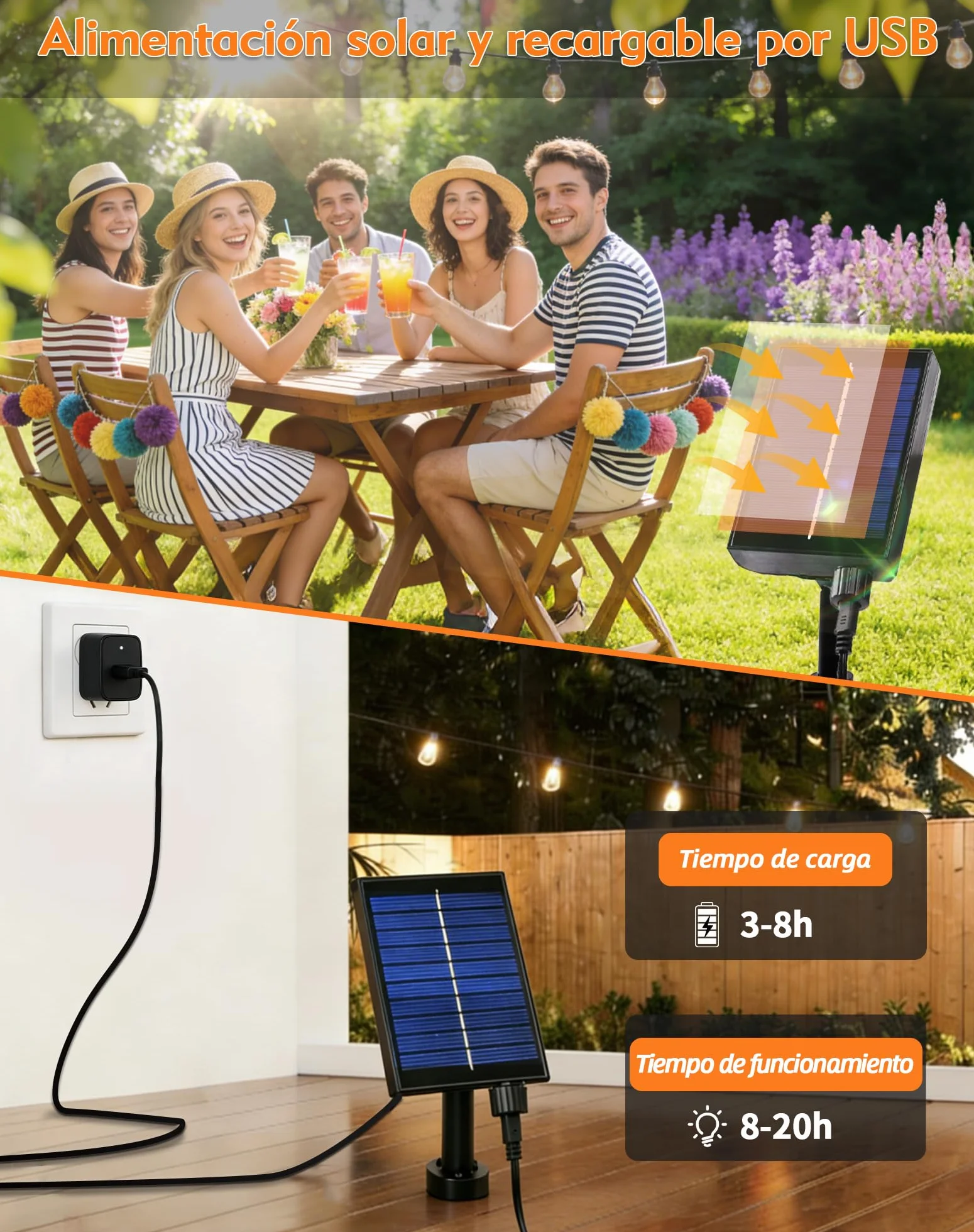 Guirnaldas Luces Exterior Solar 10M LED 15+1 Bombillas 8 Modos Impermeable con Control Remoto para Jardín Patio