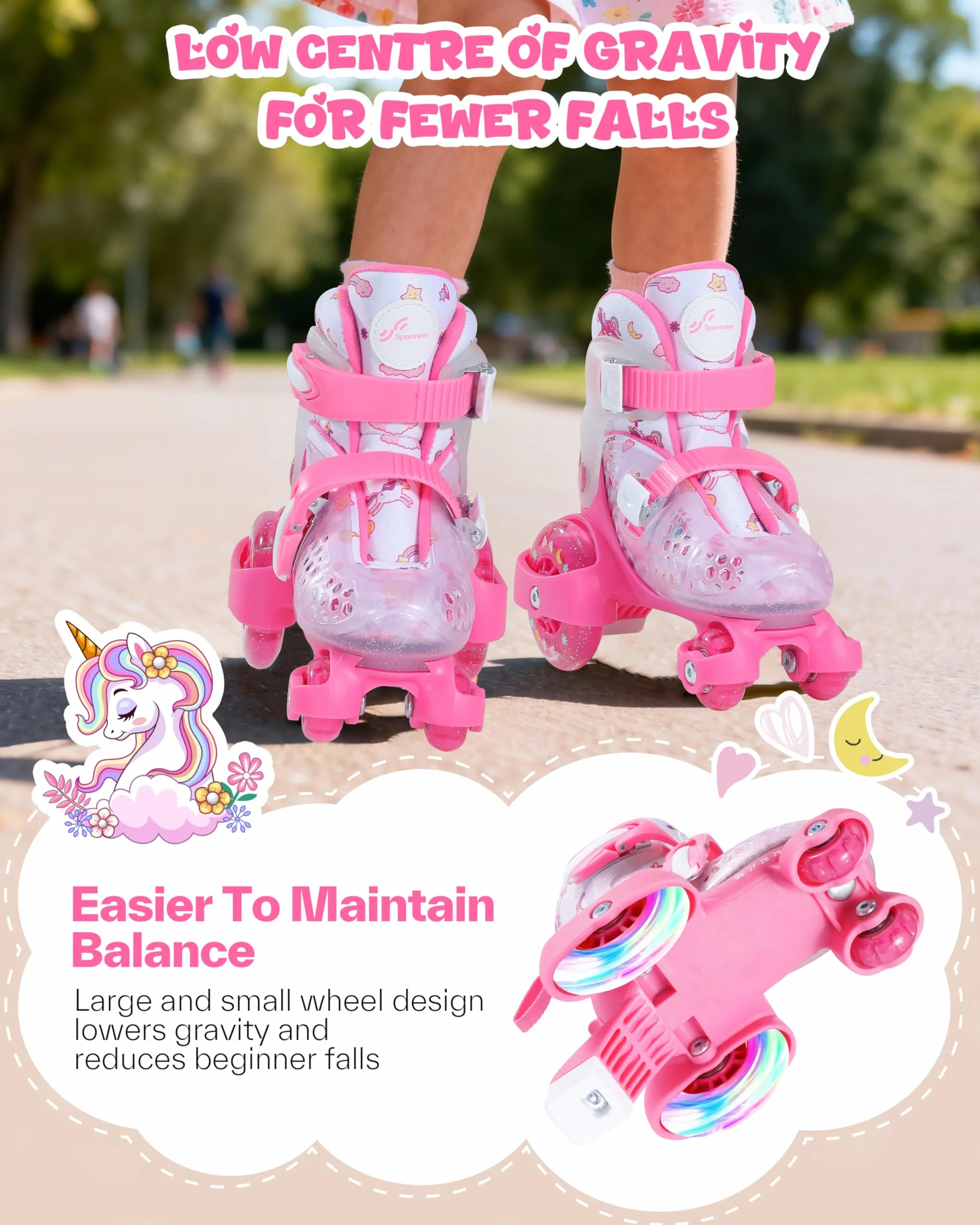 Patines 4 Ruedas Niña EU 24-31 Unicornios Ajustables 3-8 Años con LED Iluminación