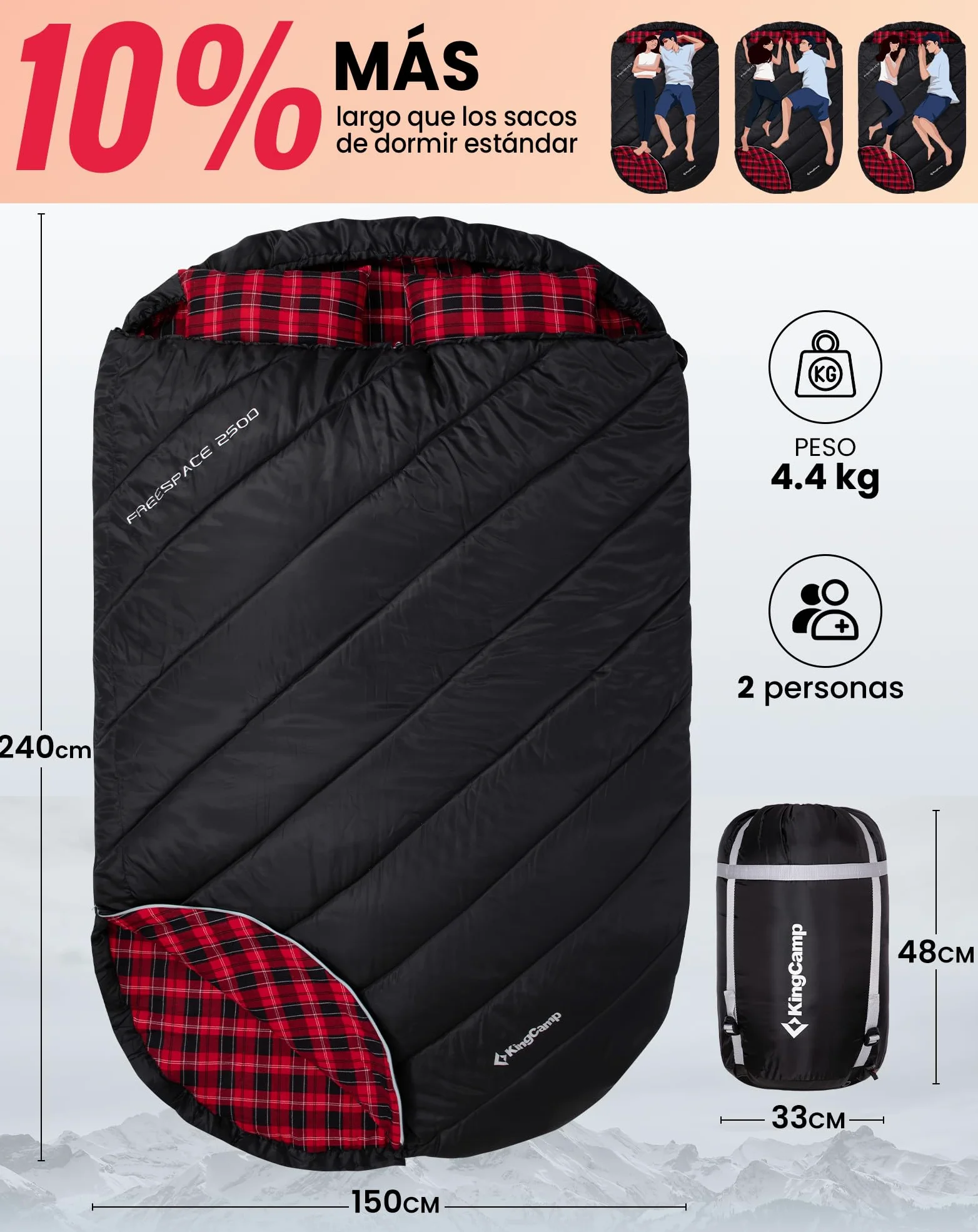 KingCamp Saco de Dormir Doble de Franela de algodón para 2 Personas - Abrigado para Invierno, 3-4 Estaciones, Incluye 2 Almohadas - Ideal para Camping, Viajes y Actividades al Aire Libre