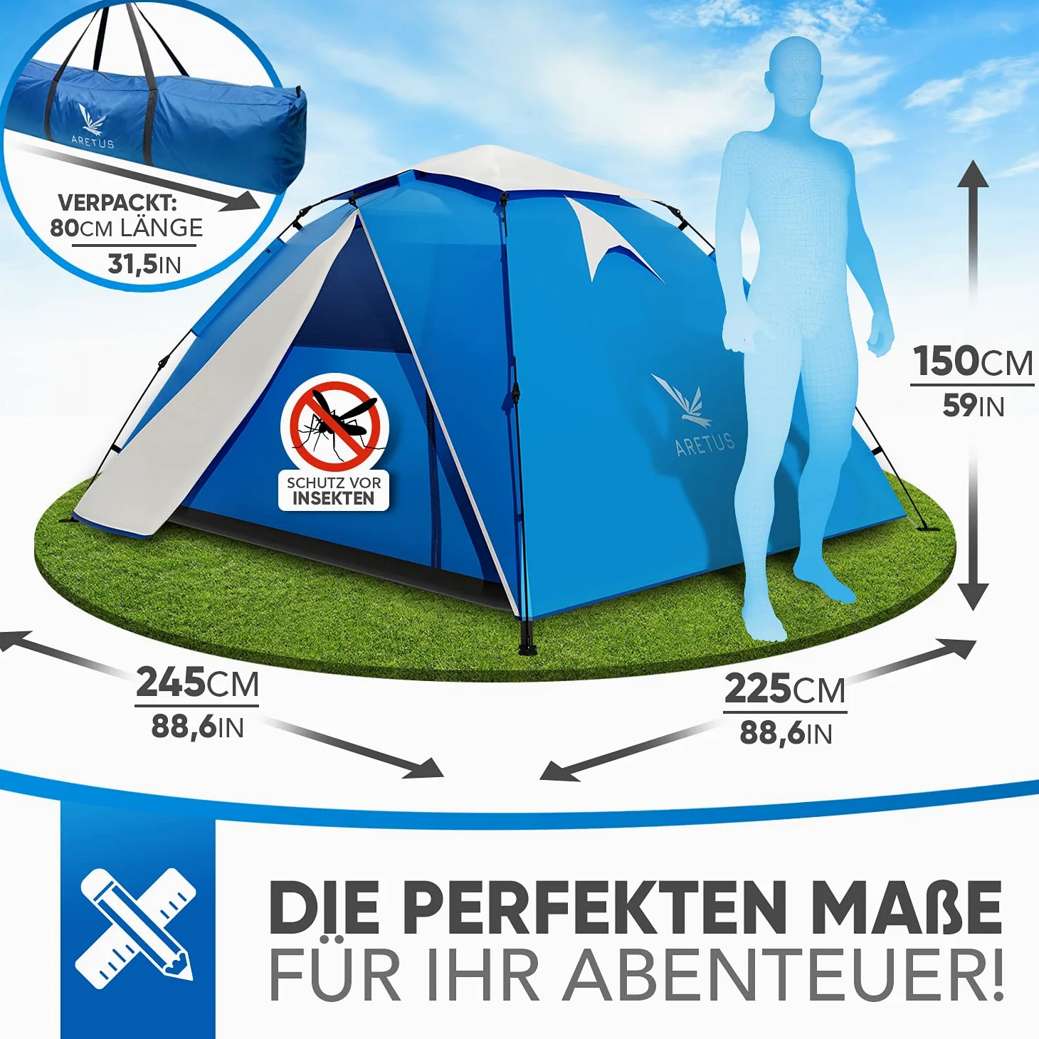 Aretus Tienda de campaña para lanzar – extra impermeable y estable, rápido de montar y desmontar en 45 segundos | Tienda de campaña para 2 personas, impermeable, para 3 personas, tienda de campaña