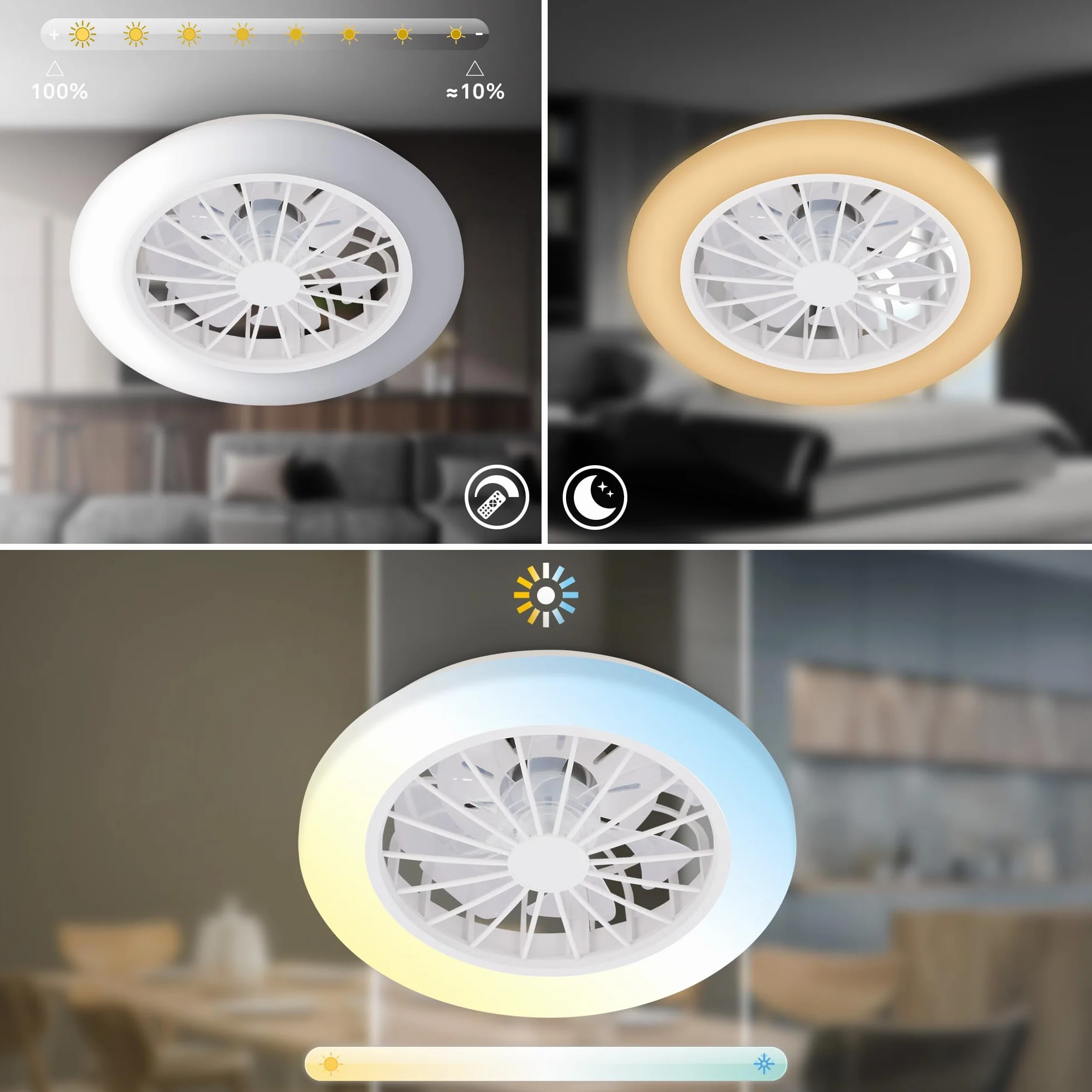 BRILONER Ventilador de techo con luz LED, mando a distancia, motor DC silencioso, 38 x 14 cm, blanco