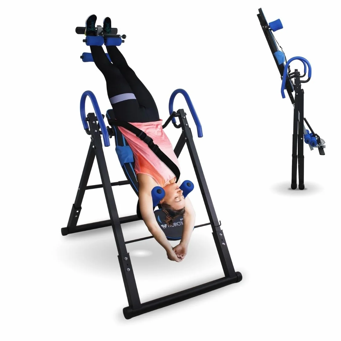 Mobiclinic® fitness, Tabla de inversión, Plegable, Inclinación 180º, Hasta 120 kg, Regulable, Cojín lumbar y reposacabezas, Cuatro sistemas seguridad, Estiramientos abdominales, Acero