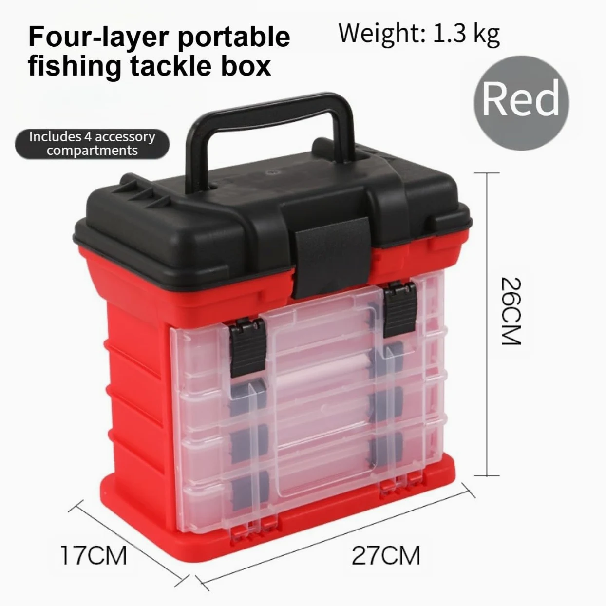 Caja de aparejos de pesca de cuatro capas con 4 compartimentos, caja de almacenamiento portátil para señuelos con bandejas extraíbles y ganchos de mango, carretes de herramientas, para color