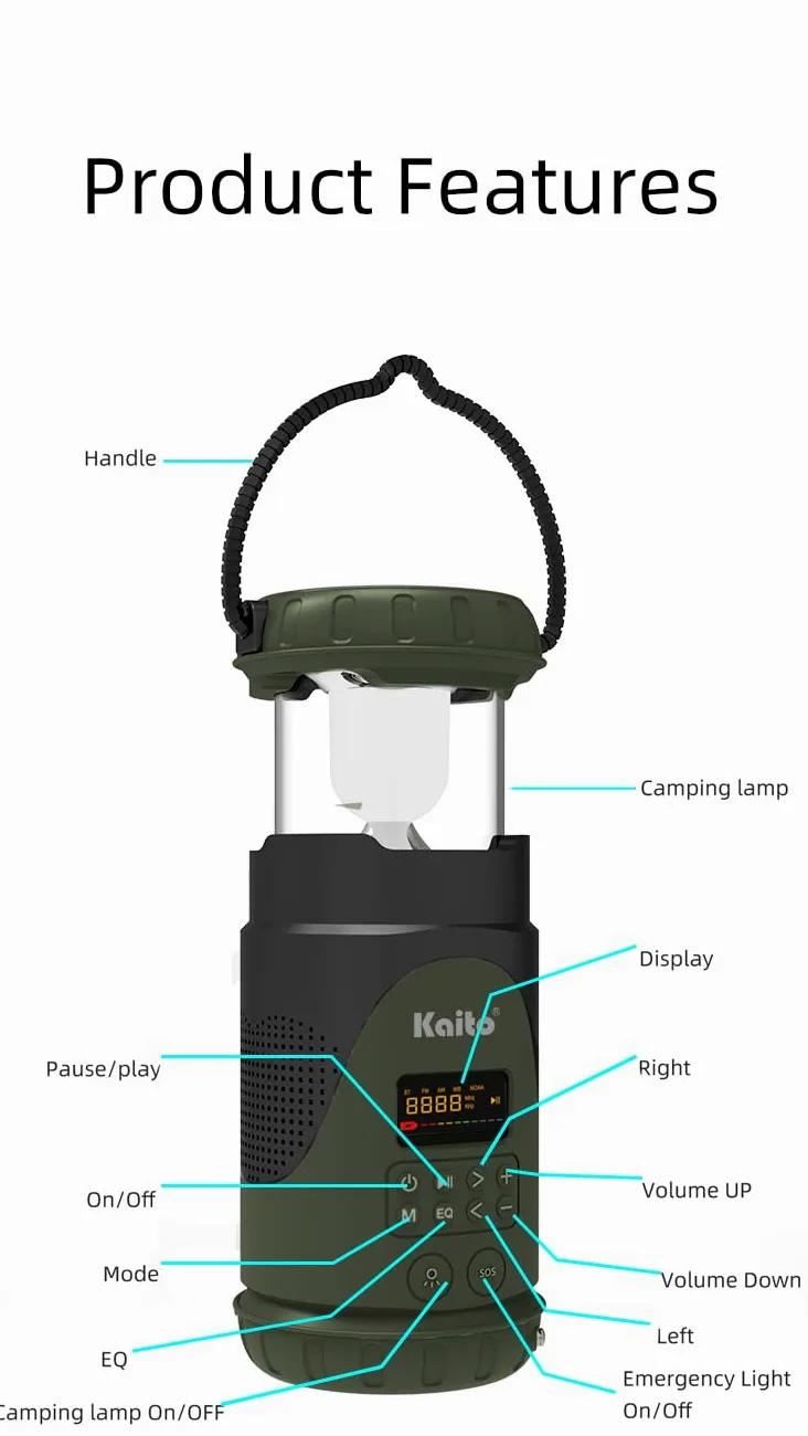Kaito KL101 Linterna y linterna de emergencia para camping, manivela y energía solar, batería recargable de 5000 mAh, radio AM/FM/clima, impermeable, alarma SOS, carga USB