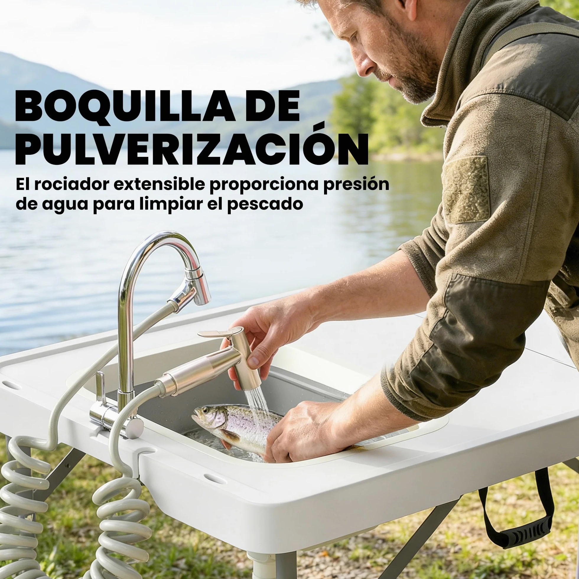 Outsunny Mesa Plegable Camping con Fregadero, Mesa Portátil con Grifo, Altura Regulable, Cubo Plegable, Bolsa de Transporte, Regla, Ranuras para Cuchillos, Mesa Auxiliar Exterior para Jardín Terraza
