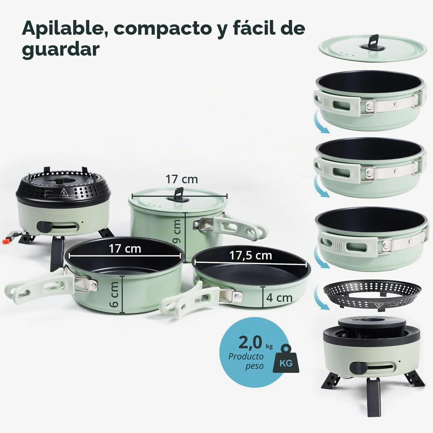 Skandika Hornillo de camping Rask | Hornillo híbrido para camping, 2 en 1, funciona con electricidad o gas, encendido piezoeléctrico, con utensilios de cocina (verde)