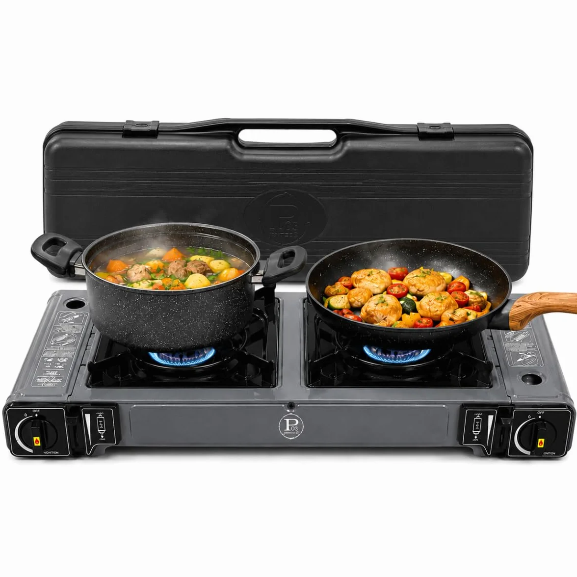 Intec – Hornillo de gas portátil 2 fuegos 3800 W encendido fácil Piezo seguro, cartucho de gas Butano, ideal estufa de camping, furgoneta y cocina exterior