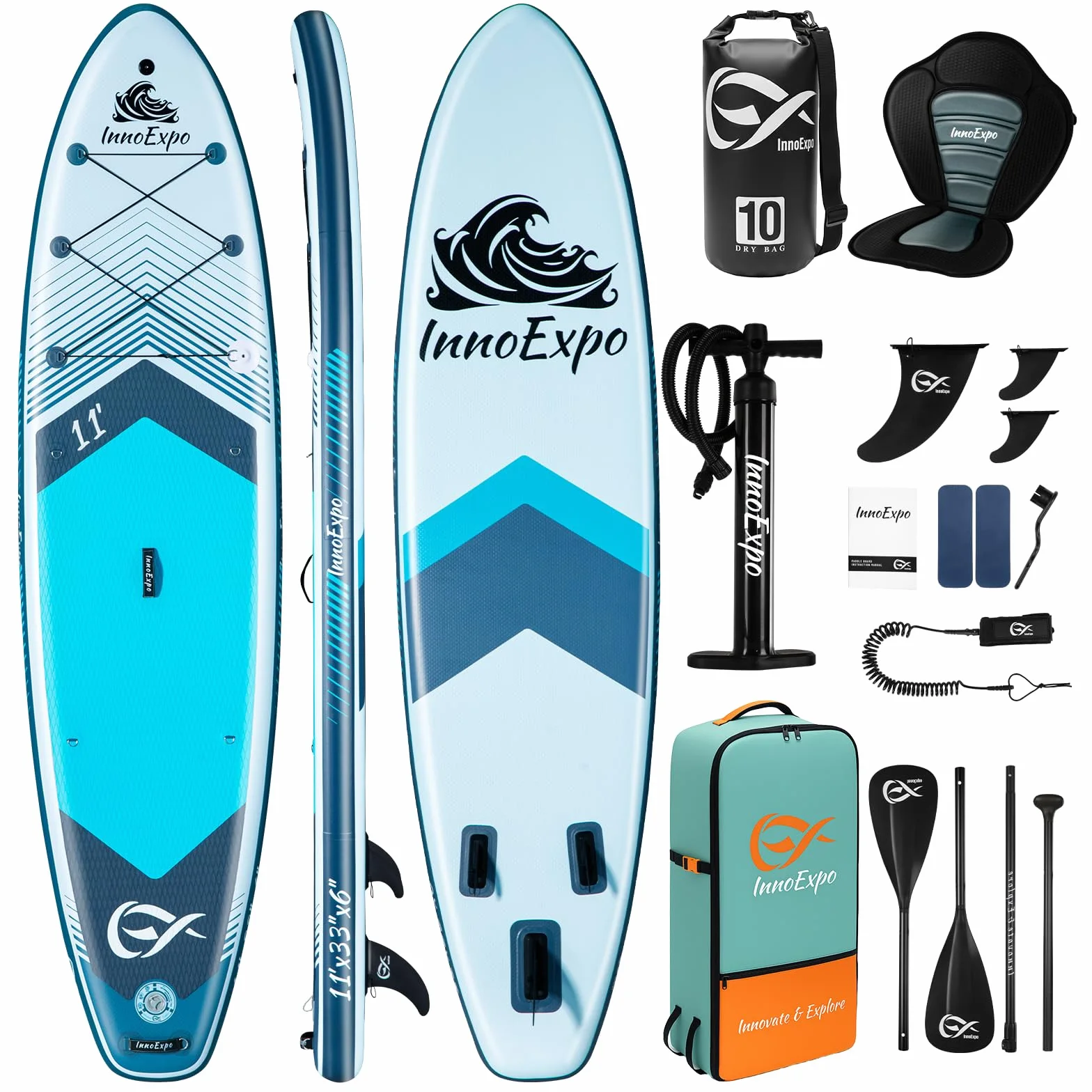 InnoExpo Tablas de remo inflables con accesorios de primera calidad, diseño de tabla de remo SUP ancha y estable, cubierta antideslizante y cómoda para jóvenes y adultos