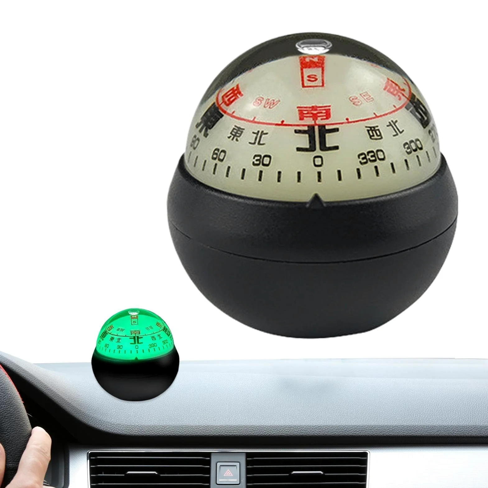 Bola de brújula automotriz | Tablero de instrumentos de coche y barco con esfera de brújula de doble esfera | Soporte de tablero de diseño luminoso, para coches, barcos, vehículos al aire libre
