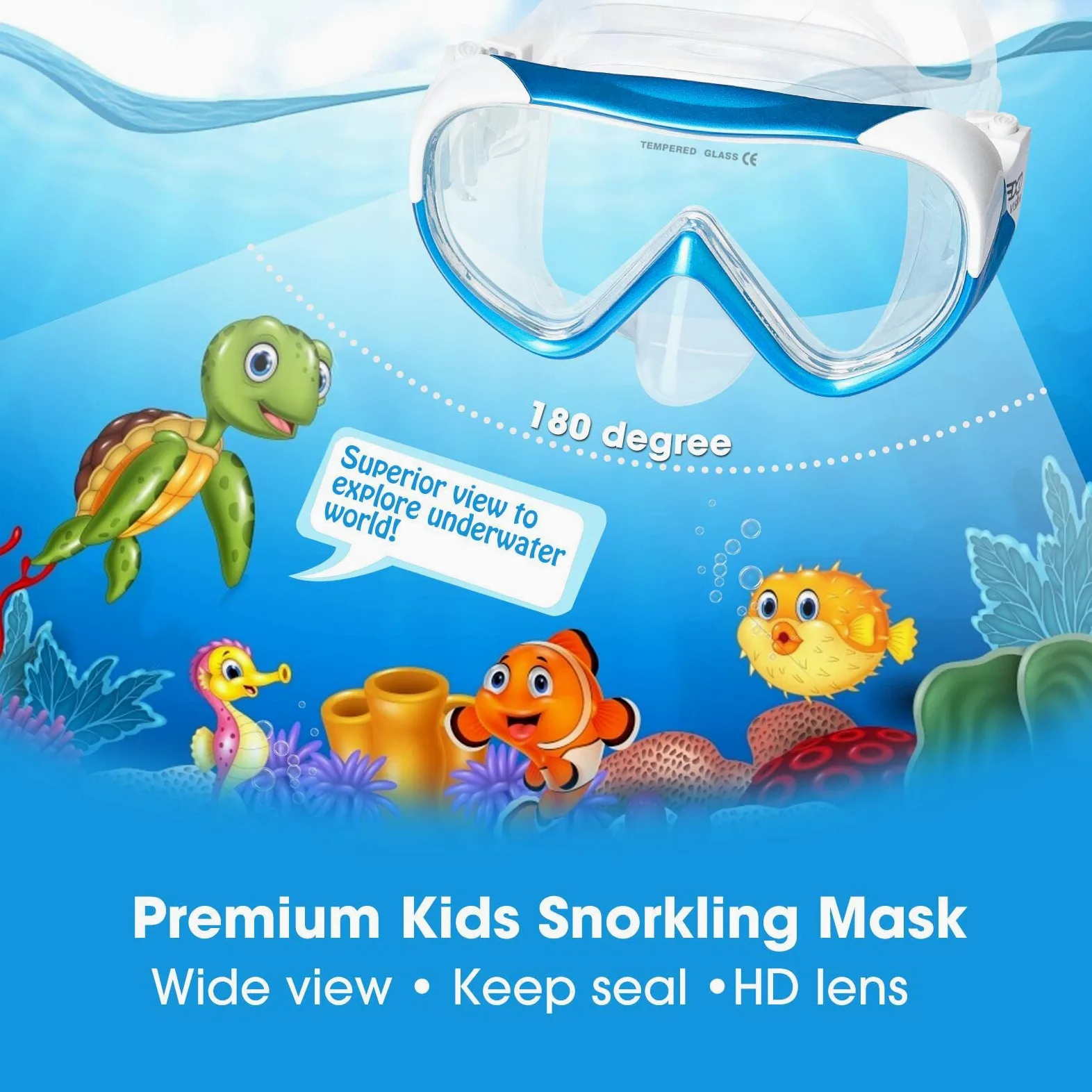Gafas de buceo para niños, máscara de buceo panorámica de 180°, máscara de buceo de vidrio templado, máscara de natación para niños, máscara de buceo de silicona, máscara de natación, incluye
