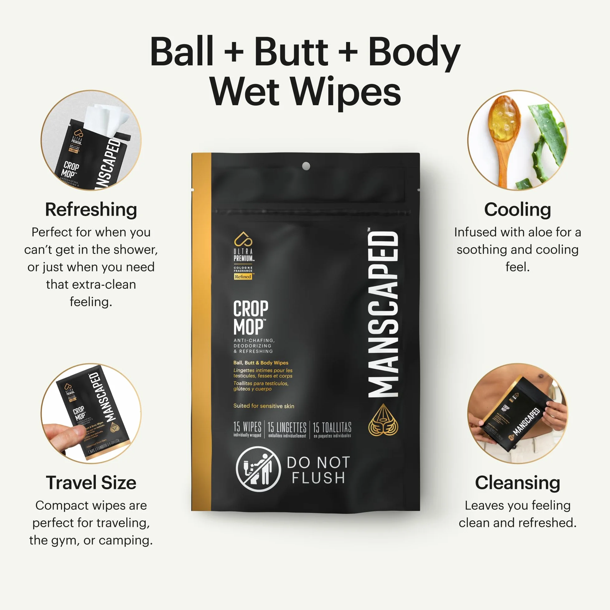 MANSCAPED® The Crop Mop® Toallitas íntimas para testículos, pack de 15 toallitas húmedas antirrozaduras para higiene masculina