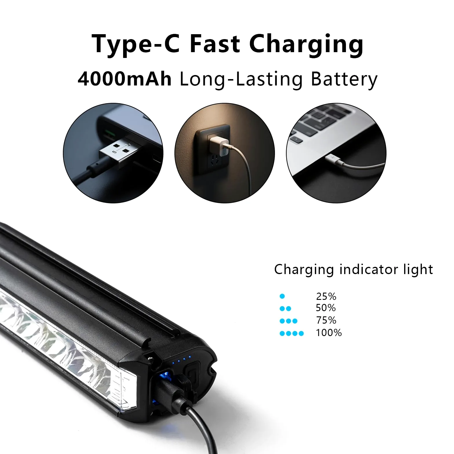 Barra de luz para bicicleta eléctrica, luz frontal superbrillante, batería recargable IPX5, impermeable, 5 modos de faro de bicicleta para bicicleta de montaña, conducción nocturna