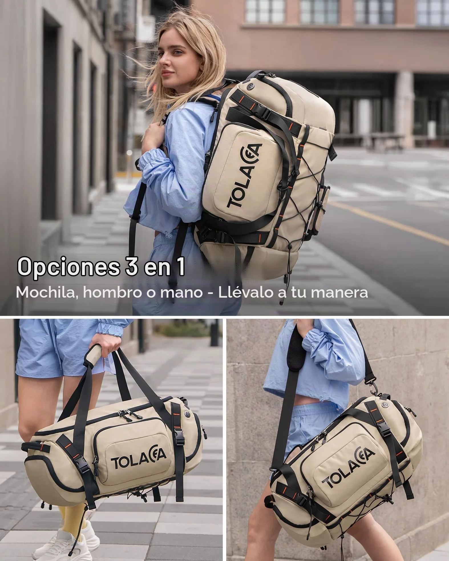 Tolaccea Bolsa de Deporte 40L para Hombres y Mujeres – Mochila de Viaje Convertible con Compartimento para Zapatos, Bolsillo Húmedo y Portátil 15,6"–Impermeable para Gimnasio, Fitness y Viajes (Kaki)