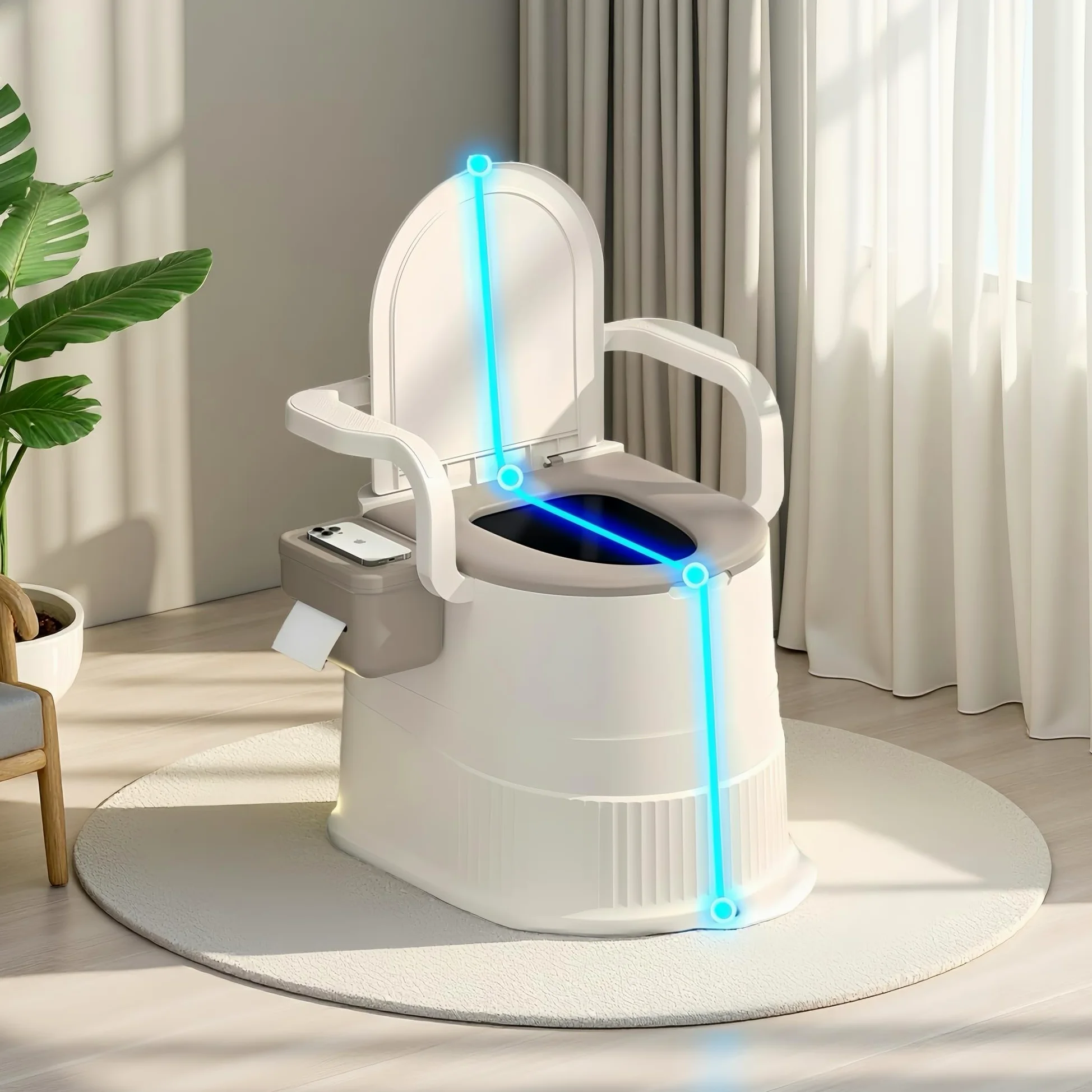 Silla de inodoro portátil con respaldo y reposabrazos, diseño ergonómico, capacidad de 150 kg, fácil de limpiar, ideal para ancianos, mujeres embarazadas, camping, autocaravana, exterior y
