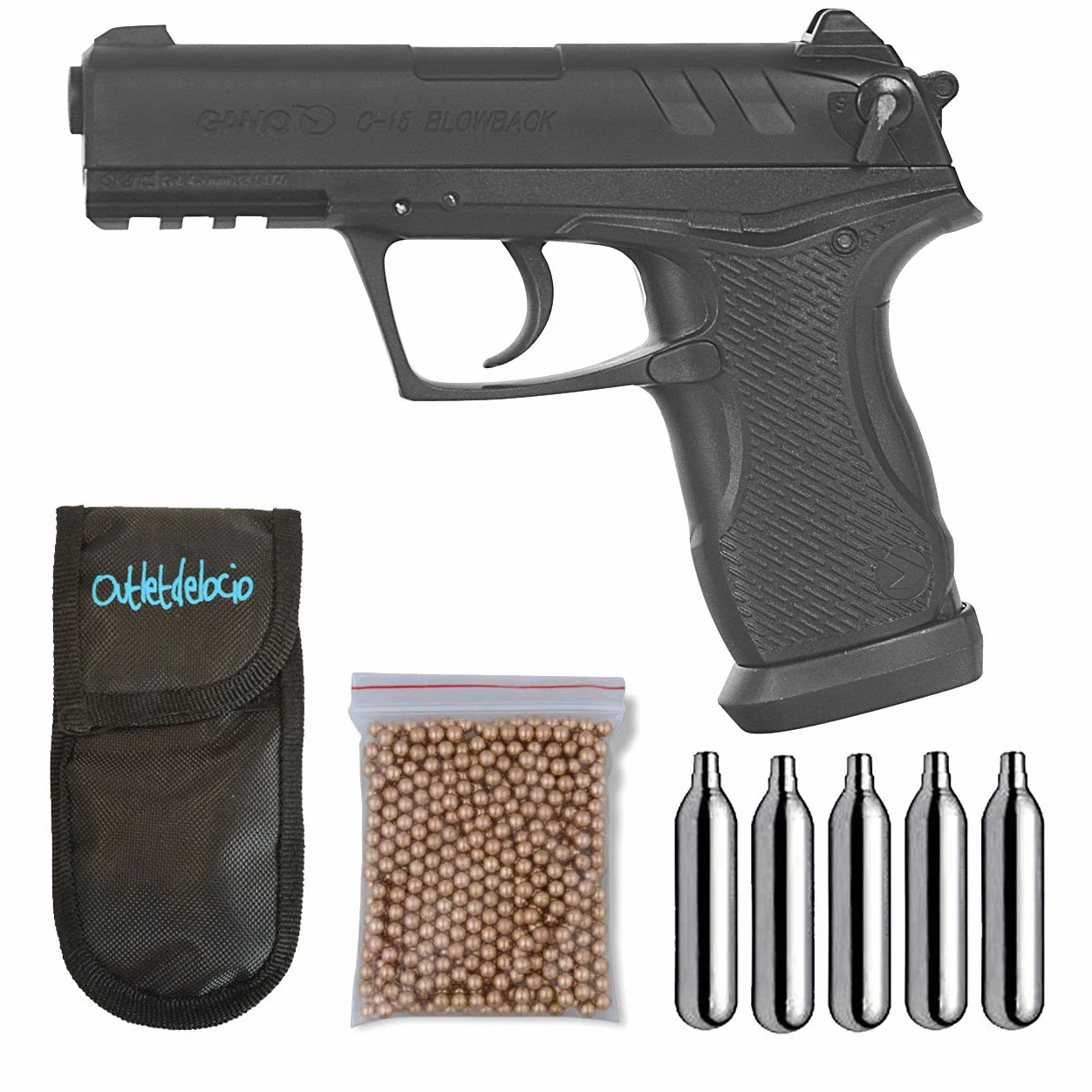 Outletdelocio. Pistola Perdigón Gamo C-15 4,5mm Blowback. + Funda Portabombonas + Balines + Bombonas co2. 23054/29318/13275