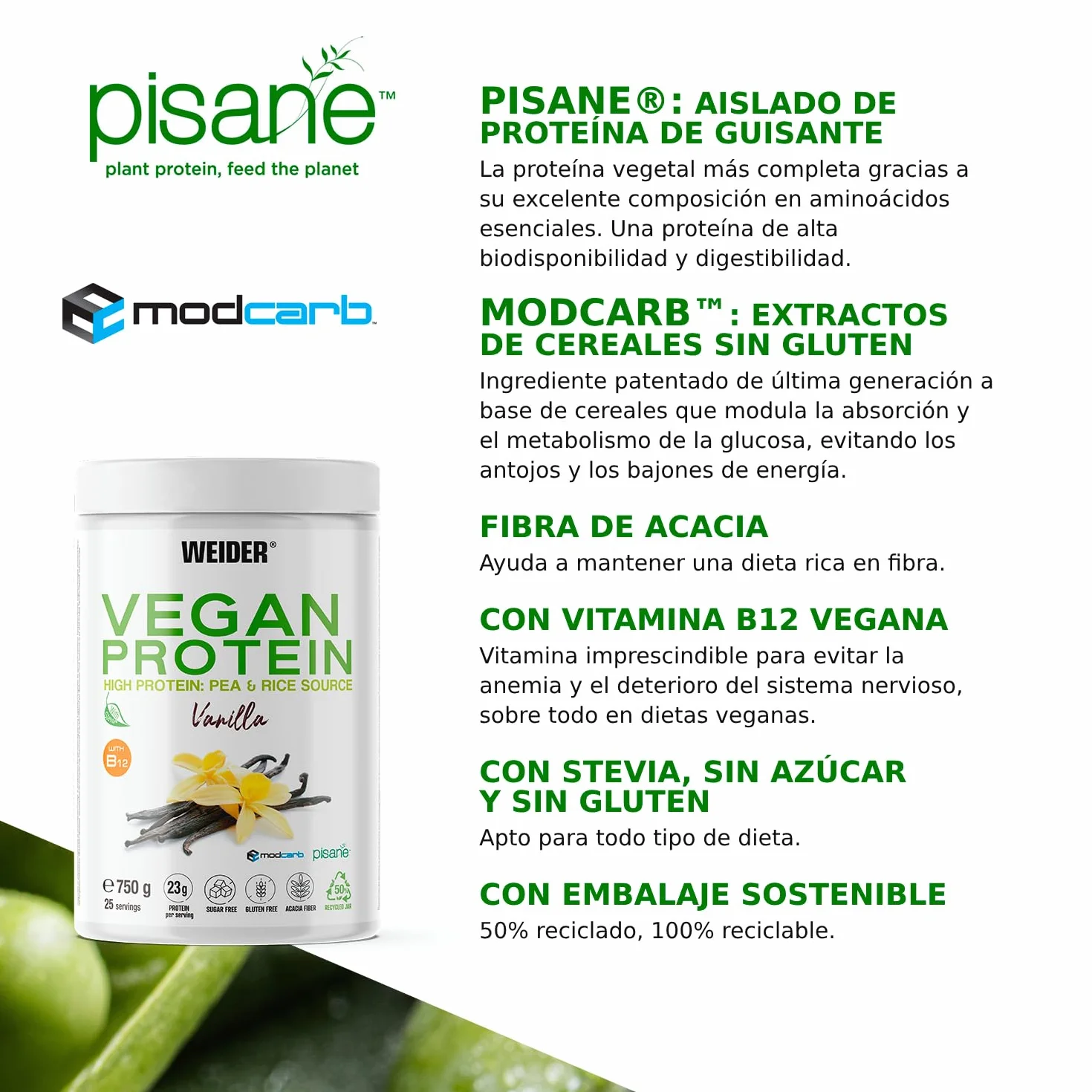 Weider Vegan Protein 750g Vainilla Proteína Vegana 23g Aislada Guisante Arroz Vitamina B12 Stevia Sin Gluten Sin Azúcar