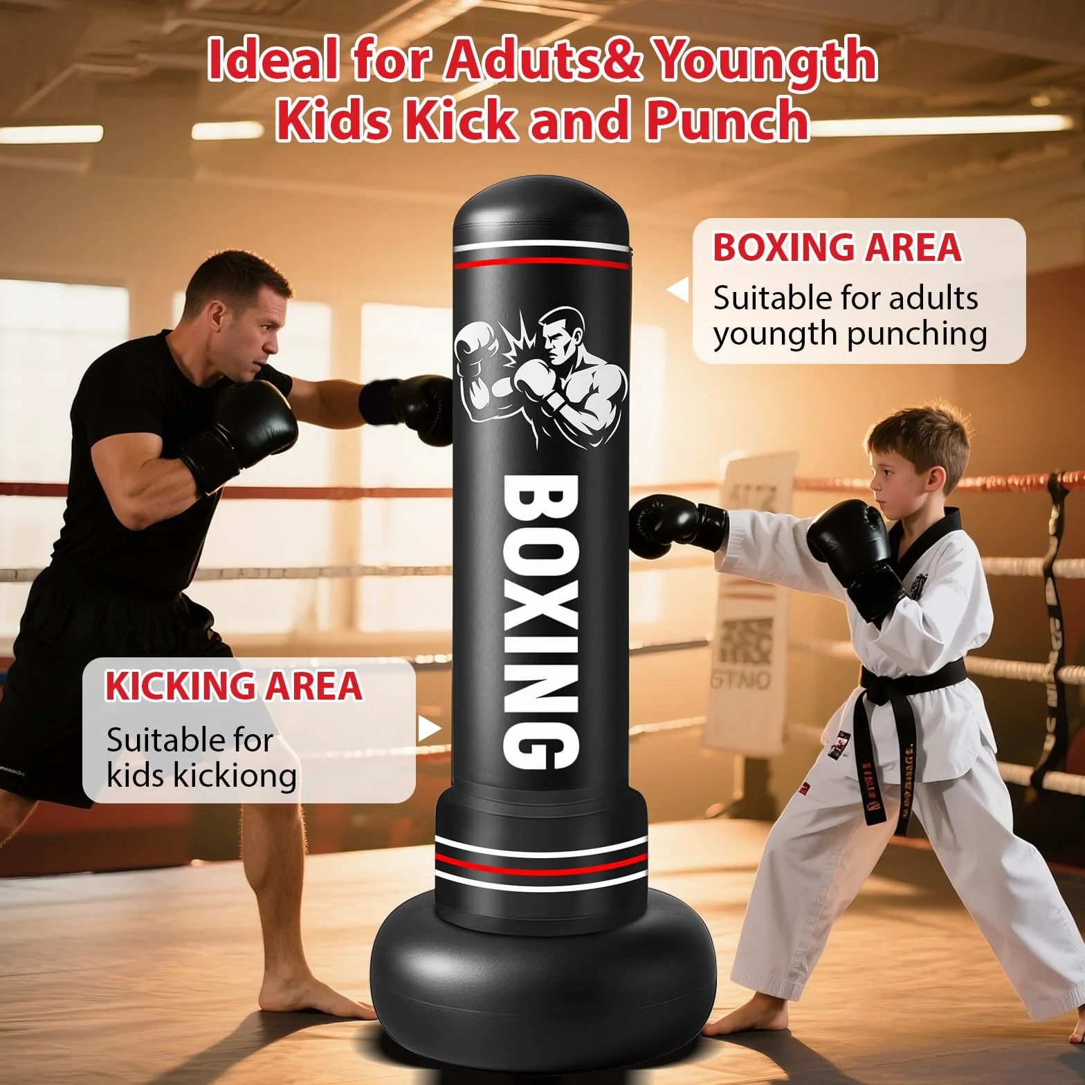 Qoosea Saco de Boxeo Adulto, 190cm Bolsa de Boxeo Inflable de Pie con Guantes, Mujeres Hombres Stand Kickboxing Bolsas, Punching Ball Estable para Karate MMA Taekwondo Thai Fitness