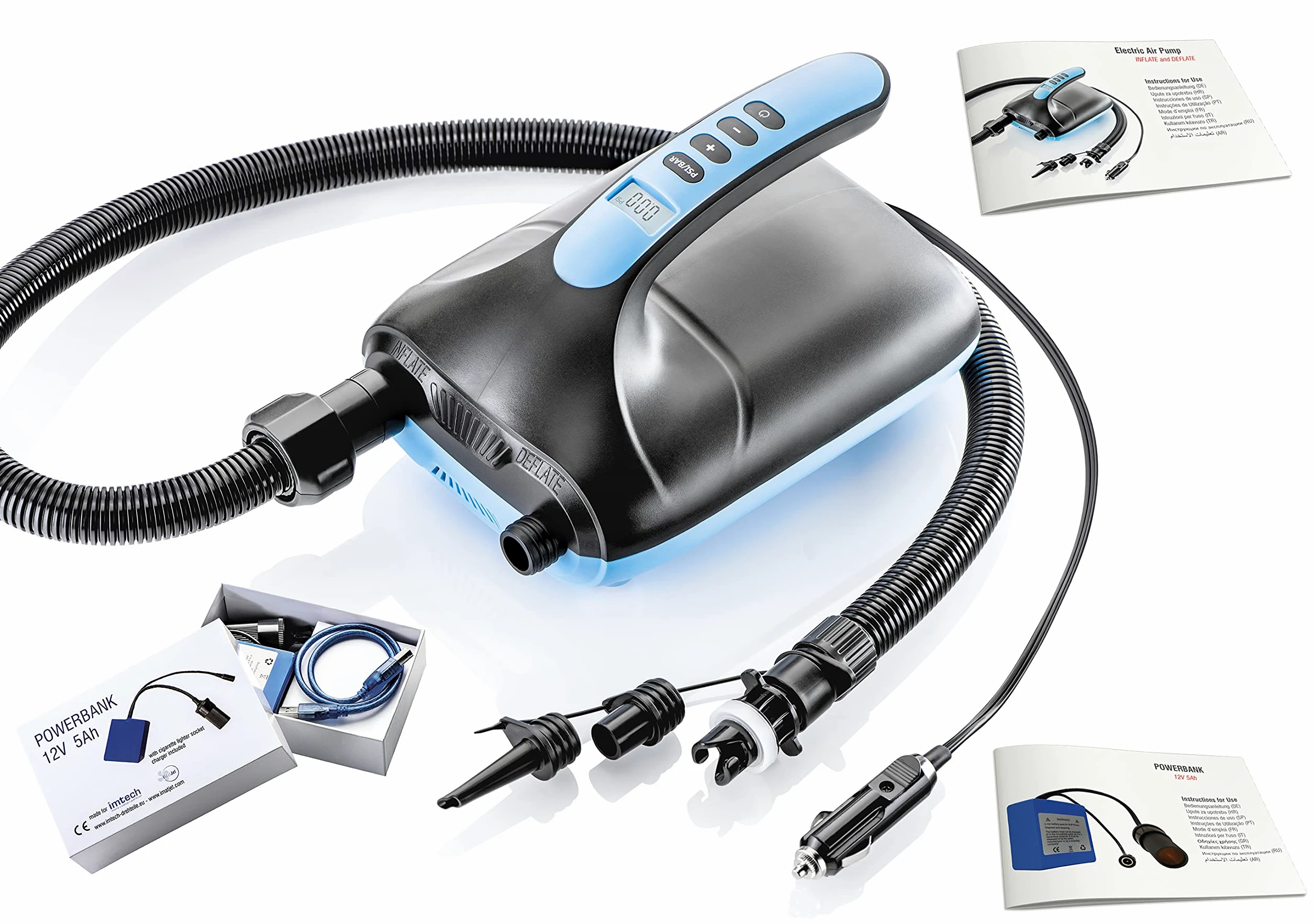 imtech - Bomba eléctrica SUP con 3 adaptadores, batería externa con conector adaptador y cargador para tabla de surf de remo, colchón inflable, 12 V – 5 A, compresor SUP con función de apagado