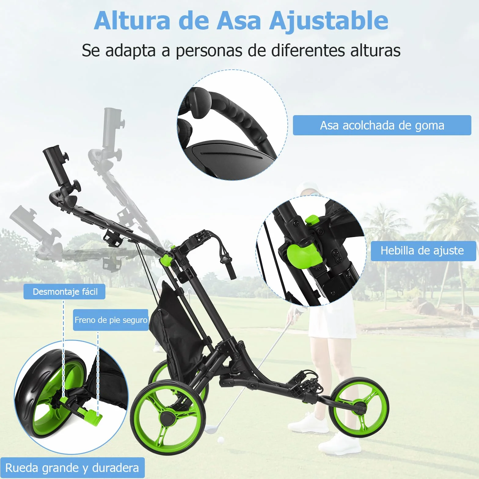 COSTWAY Carro de Golf Plegable 3 Ruedas con Bolsa Aluminio, Paraguas Regulable y Portavaso
