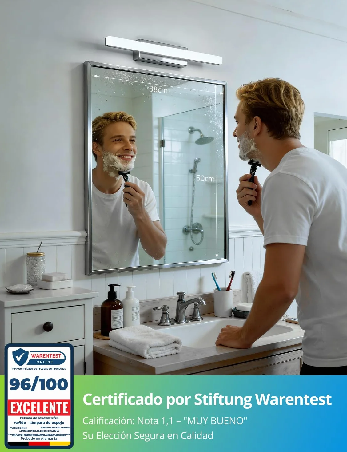 Yafido Aplique Espejo de Baño 40CM LED 9W Cromo IP44 6000K 230V Luz Maquillaje