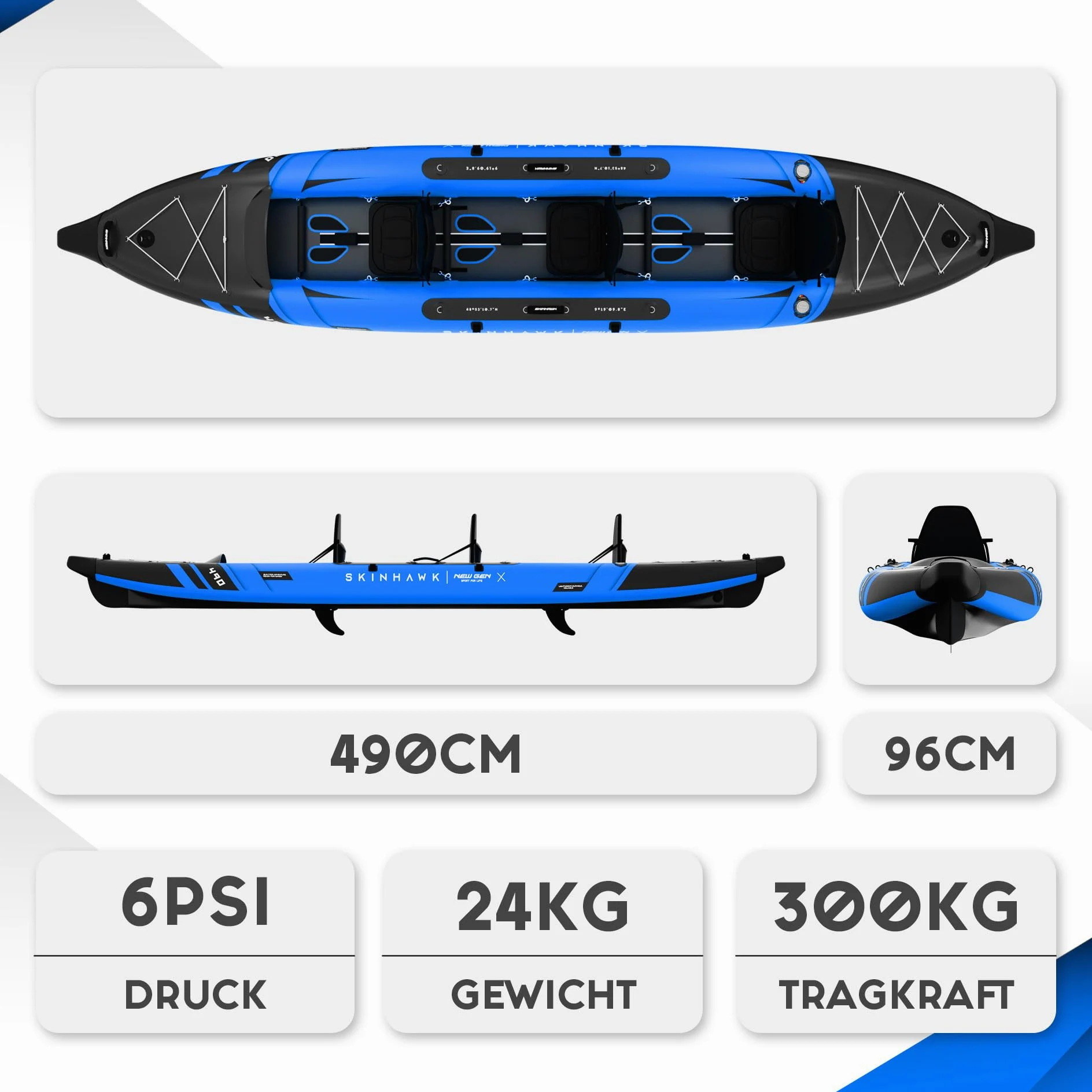 SKINHAWK Prestige Blue Kayak Set 490 – Barco inflable – Canoa – 490 x 96 cm – Kayak para 3 personas