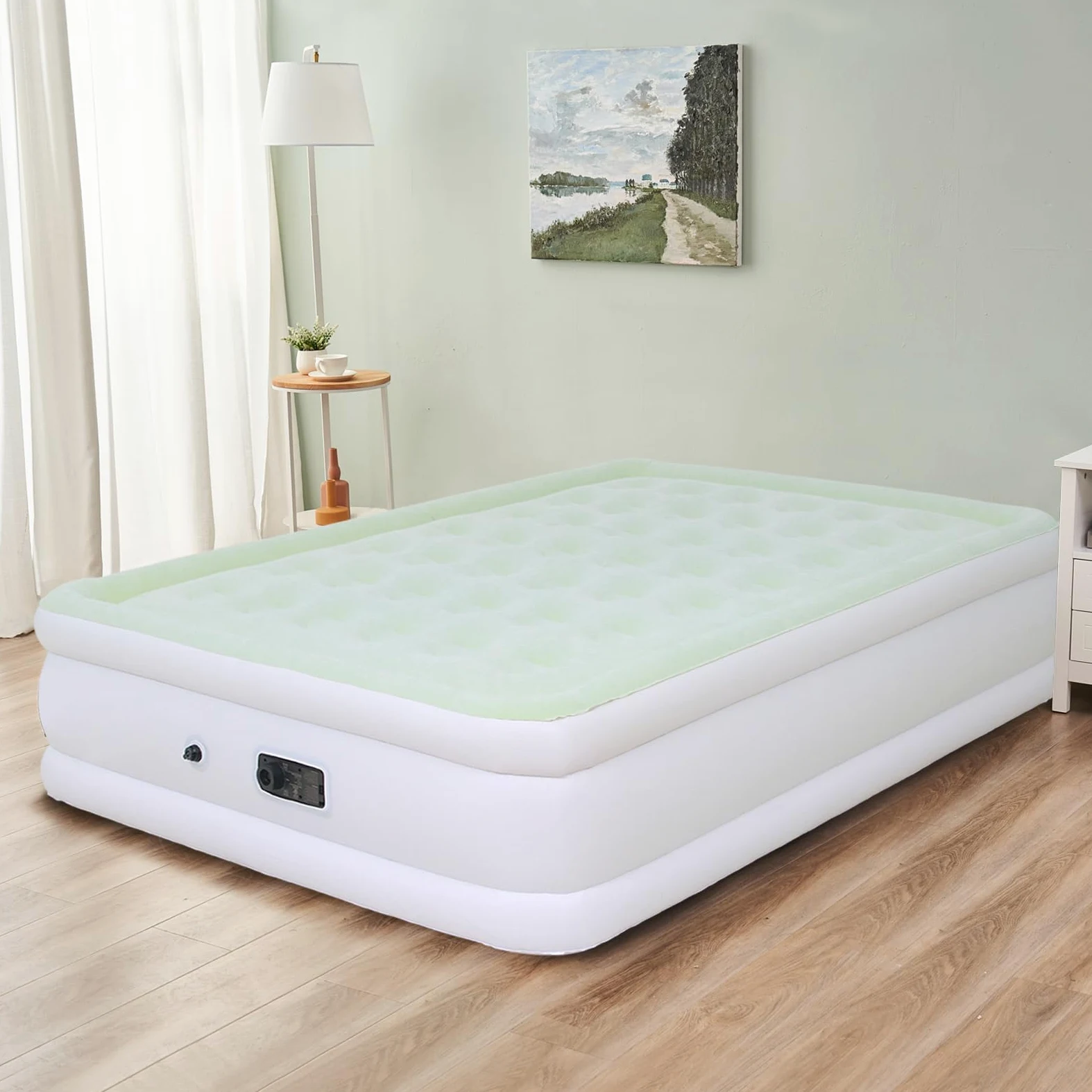 Colchón de aire tamaño Queen con bomba integrada, colchón inflable de 18 pulgadas, verde y blanco