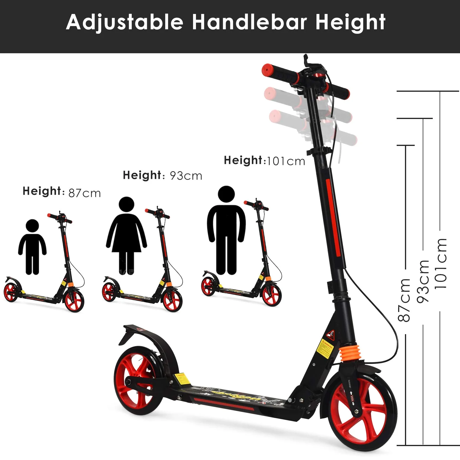 RELAX4LIFE Scooter Plegable con Altura Regulable, Patinete de Aluminio con Timbre, 2 Frenos y Doble Suspensión para Niños y Adultos 120-190 cm, Carga 100KG, Negro