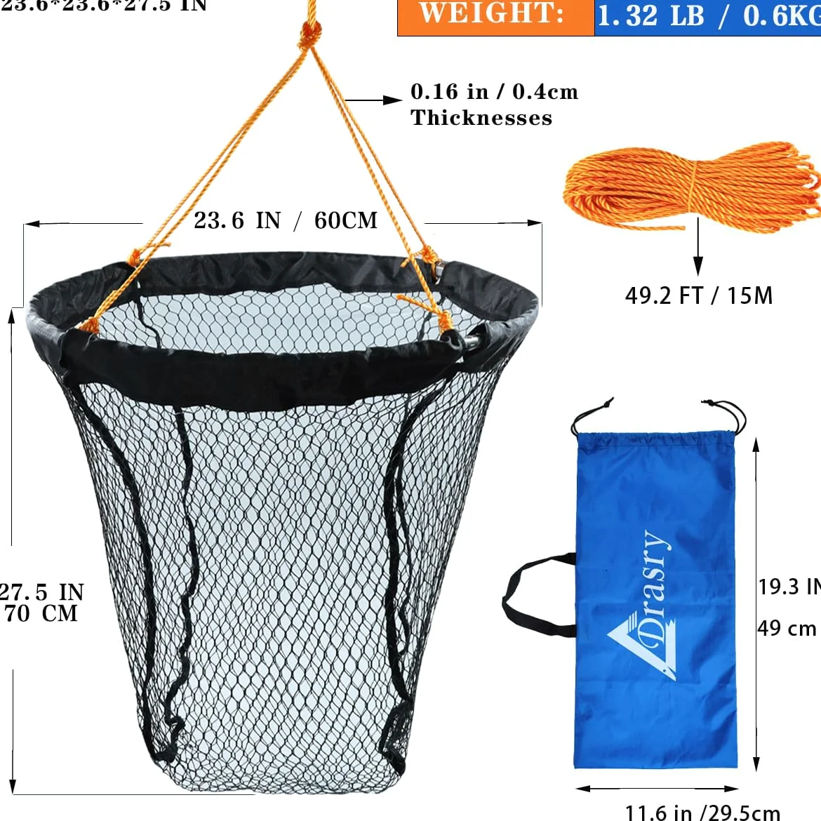 Drasry Red de aterrizaje plegable para puente y muelle – Red de caída de anillo de aluminio de alta carga para agua salada y agua dulce – Cesta plegable con cuerda de 49.2 pies