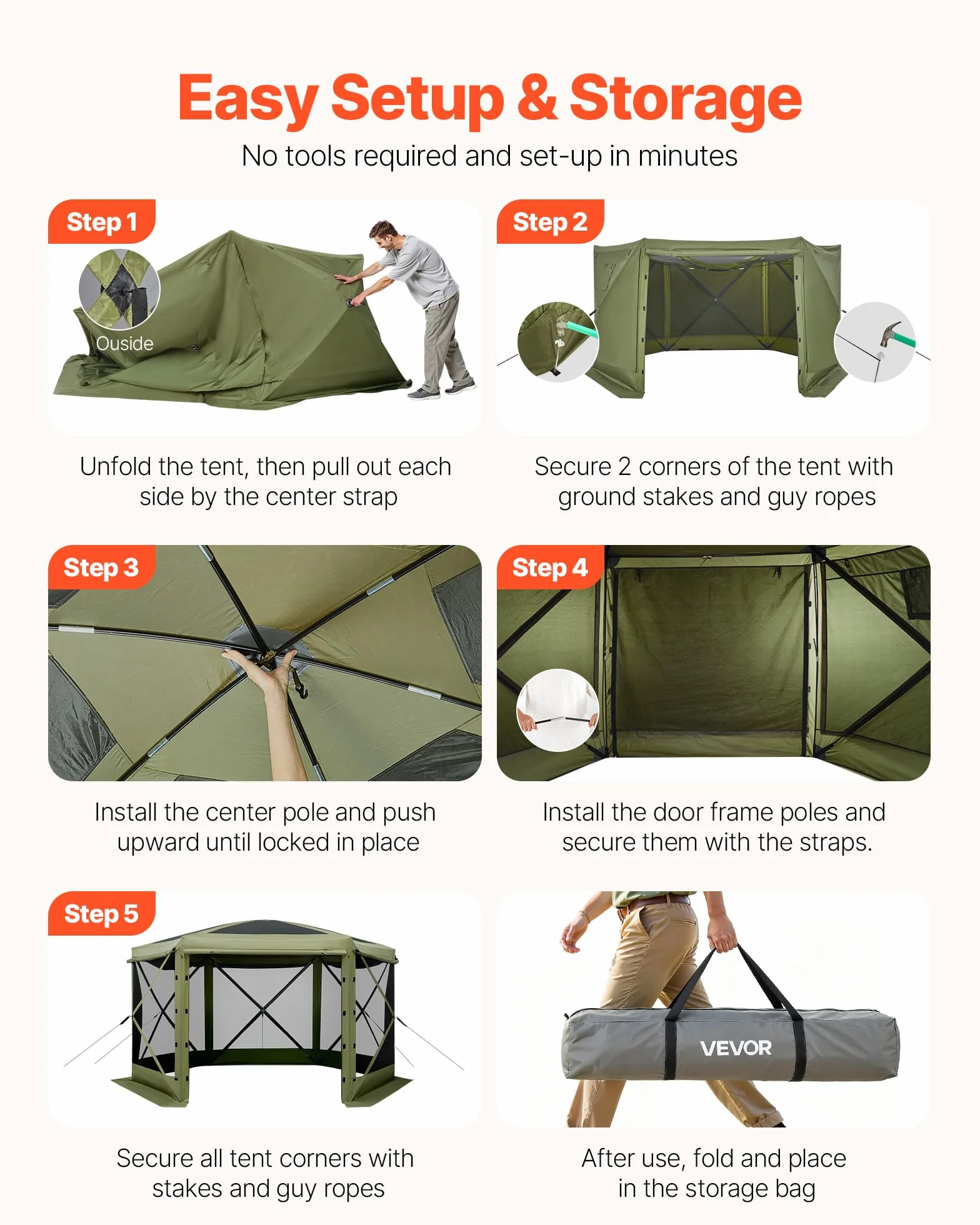 VEVOR Carpa Plegable de 6 Lados 3 x 3 m, Pérgola de Jardín con Techo Desmontable y Bolsa de Transporte, Carpa de Exterior para 6 a 8 Personas, para Fiesta, Camping, Playa, Patio, Jardín, Verde