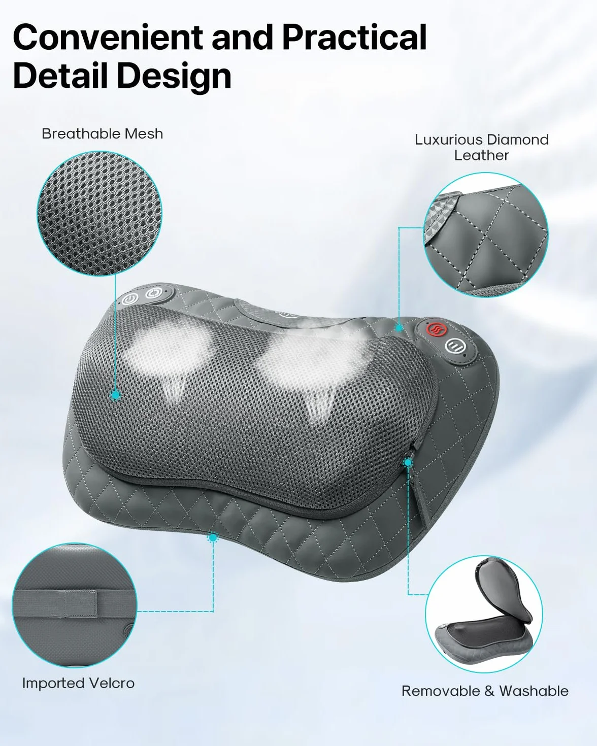 ALLJOY Cojín de Masaje Inalámbrico Shiatsu con Calor, Masajeador Cervical y Espalda, 3 Niveles 4 Nodos