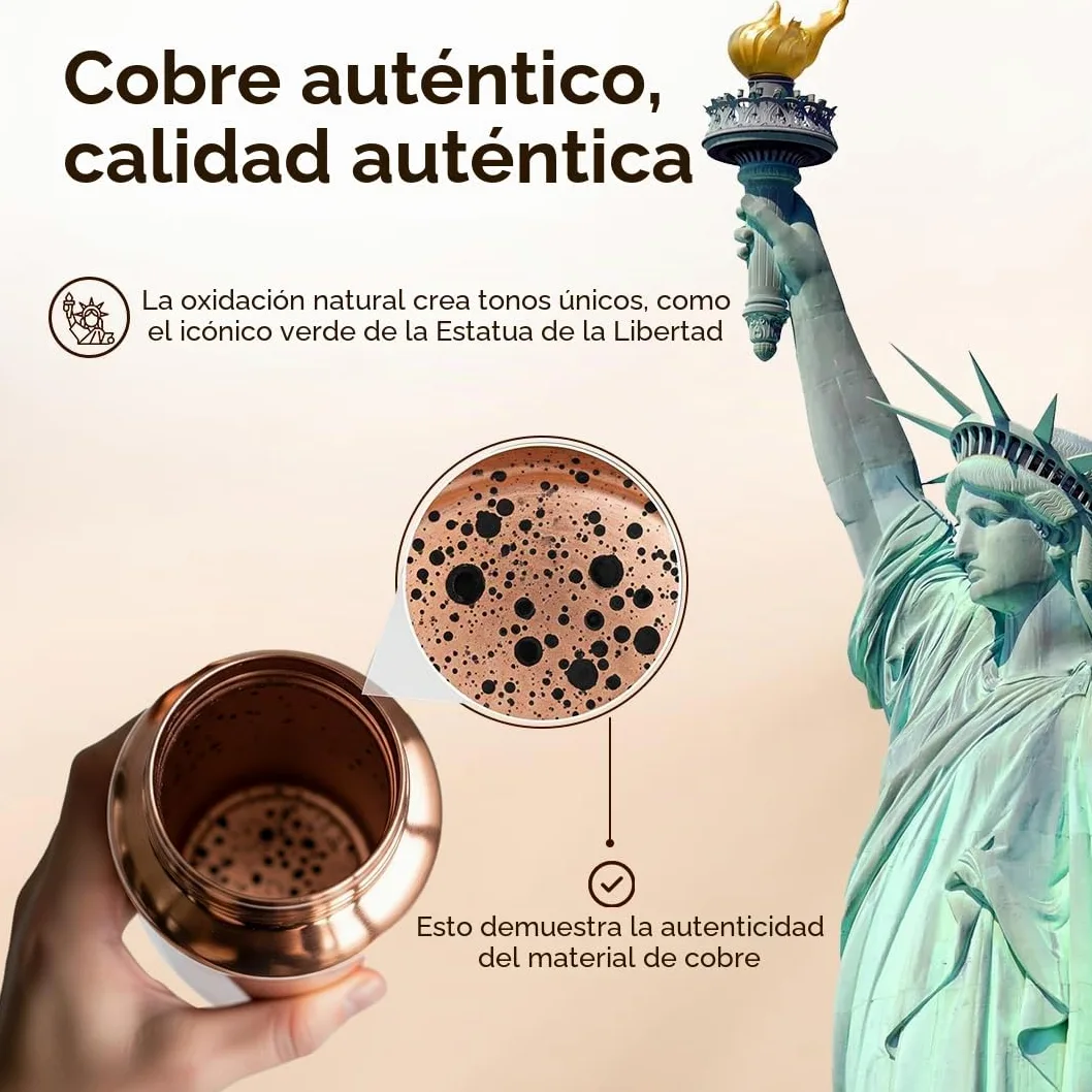 Botella de Agua de Cobre Puro Martillado a Mano 950 ml – Botella Ayurvédica Antifugas Sin BPA para Yoga, Viajes y Oficina con Bolsa de Lona, Bolsillo, Porta Tarjetas y Cepillo