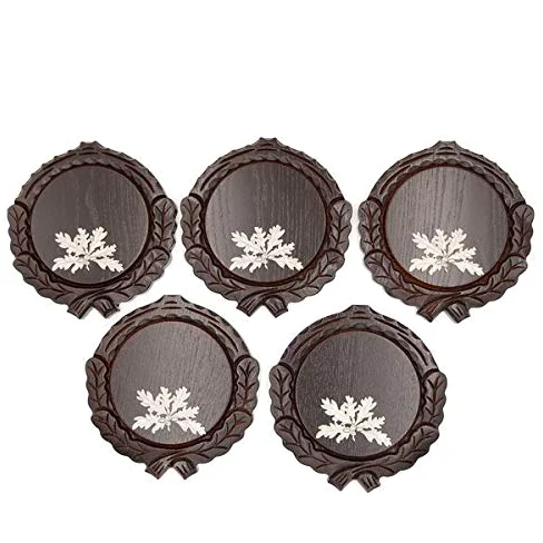 GTK - Juego de 5 placas de cuña talladas oscuras AF 14 cm con 5 hojas de roble de 6 hojas, tabla de cuñas, tabla de especias, cartel para trofeos