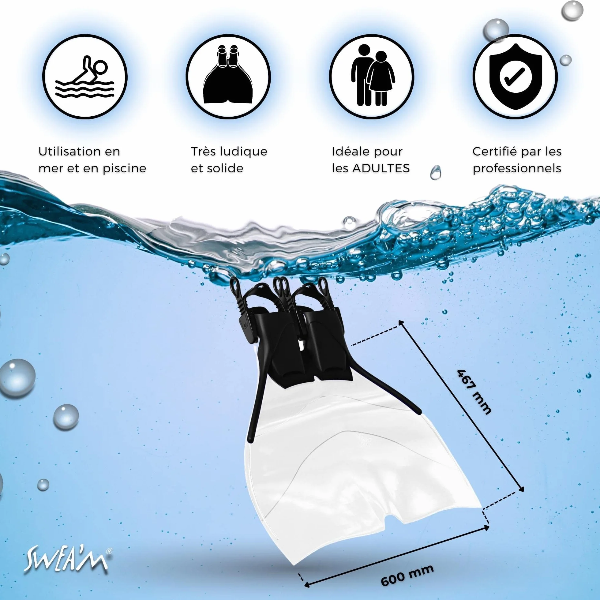 Bimini H2O Minos Monofin Profesional para Adultos por Swea'm – Totalmente Ajustable para máxima Comodidad (Compatible con tamaños 10 – 13 1/2)