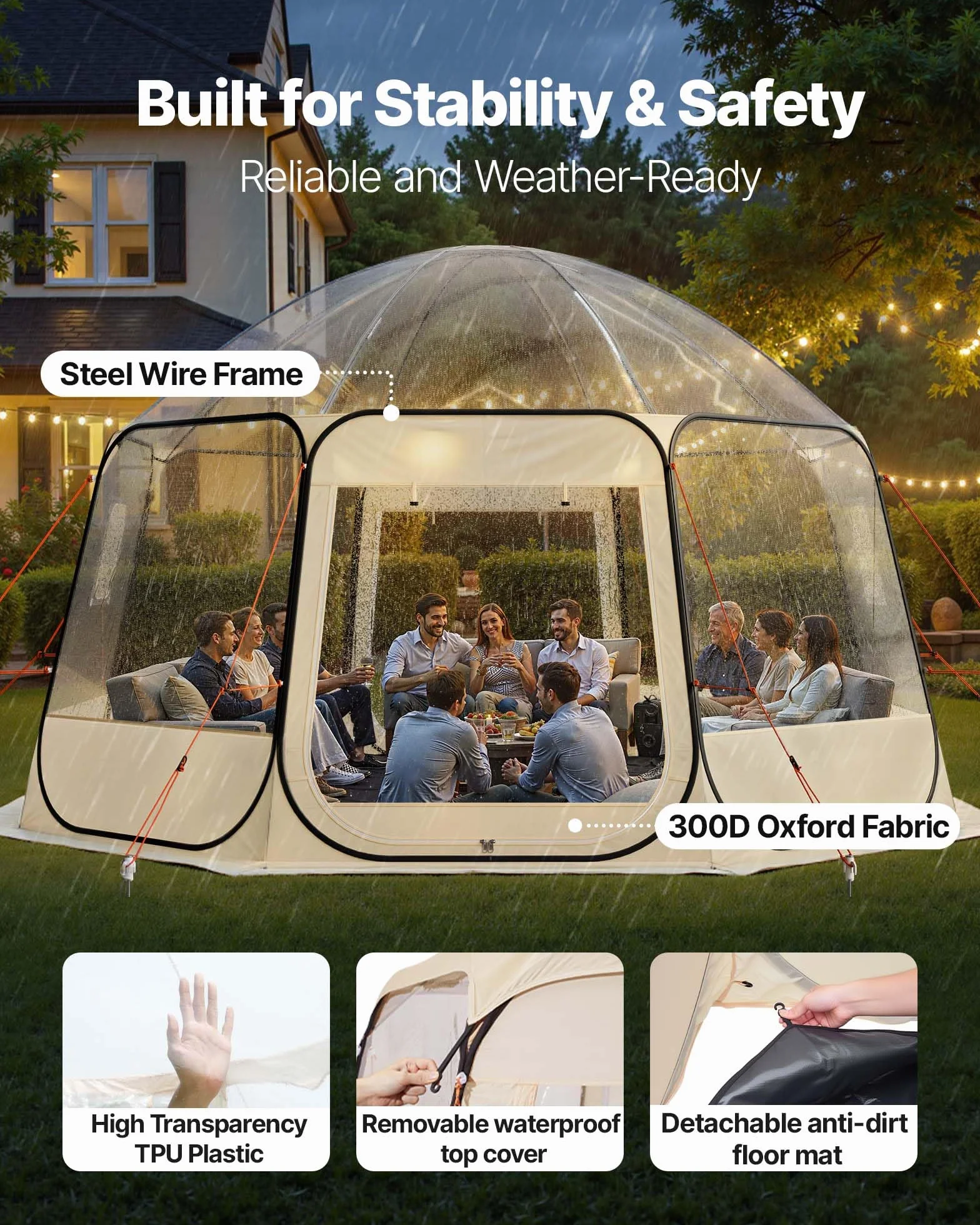 VEVOR Tienda de Campaña Plegable, 458 x 432 x 230 cm, Impermeable y Resistente a Los Rayos UV, Tienda Transparente con Ventanas y Vista Panorámica de 540° para 12-15 Personas para Patio y Jardín