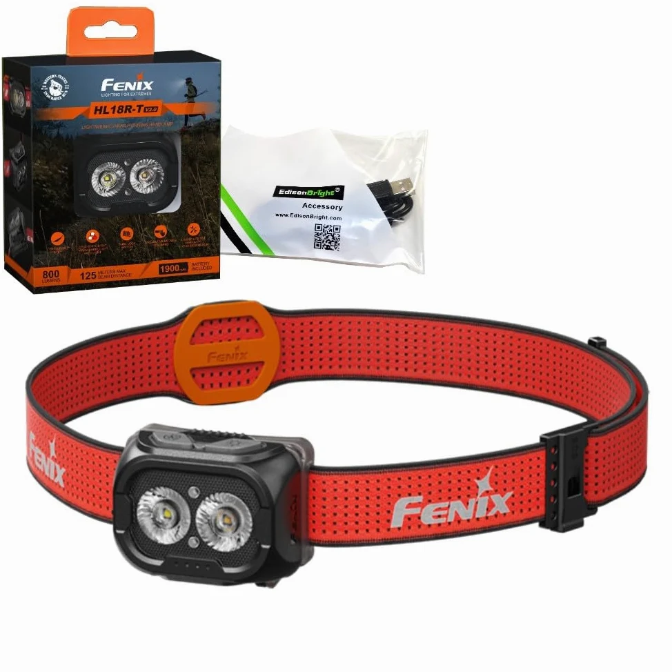 Fenix HL18R-T V2 - Linterna frontal LED recargable por USB de 800 lúmenes con cable de carga USB EdisonBright