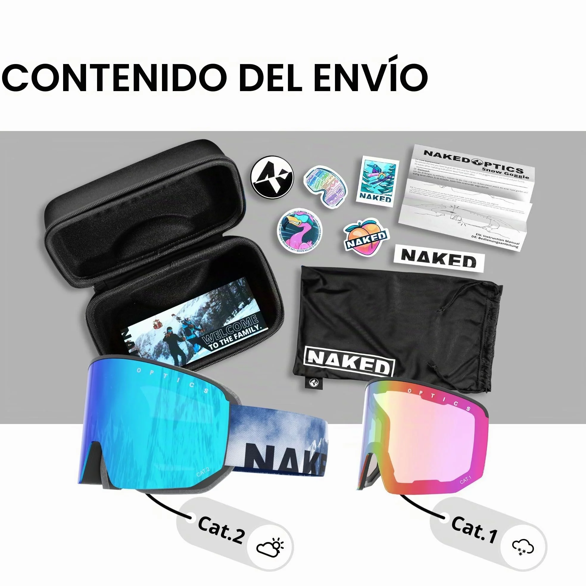 NAKED Optics The NOVA Gafas de Esquí para Hombres, Gafas de Esquí para Mujeres, Gafas de Snowboard (NOVA Steep, + lente para mal tiempo incluido)