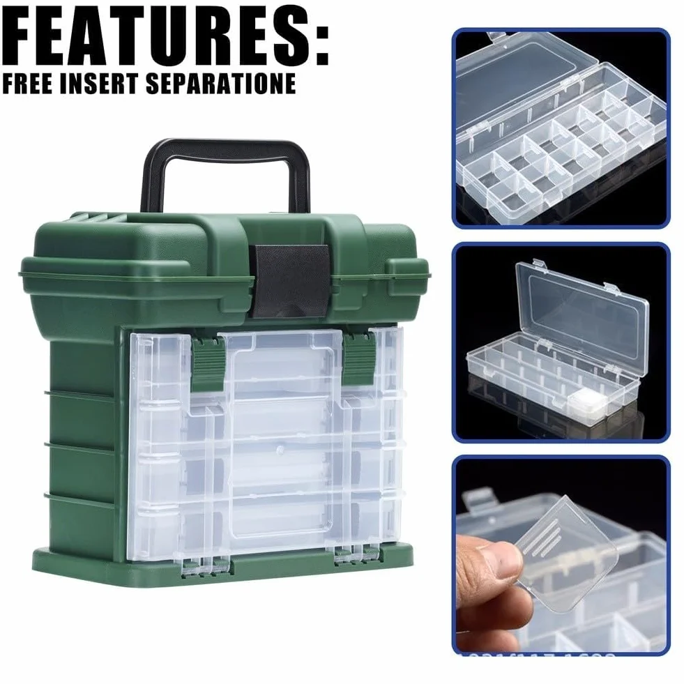 Caja de aparejos de pesca, organizador de almacenamiento impermeable con múltiples compartimentos, funda de plástico PP portátil con asa para señuelos, ganchos y equipo (verde)
