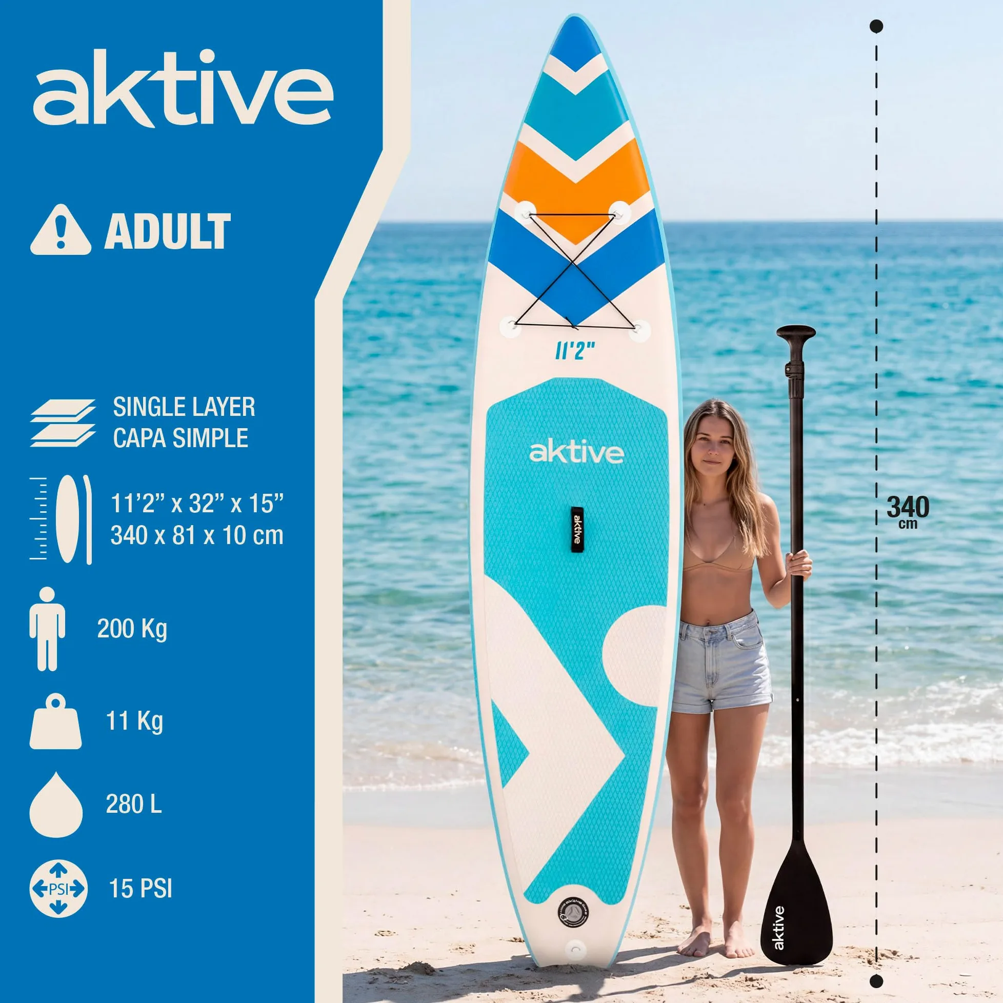 AKTIVE Tabla paddle surf hinchable, Adulto, 340x81x15 cm, Soporta 200 kg, Hinchador con manómetro, Remo ajustable, Kit reparación, Mochila transporte, Accesorios playa (54371)