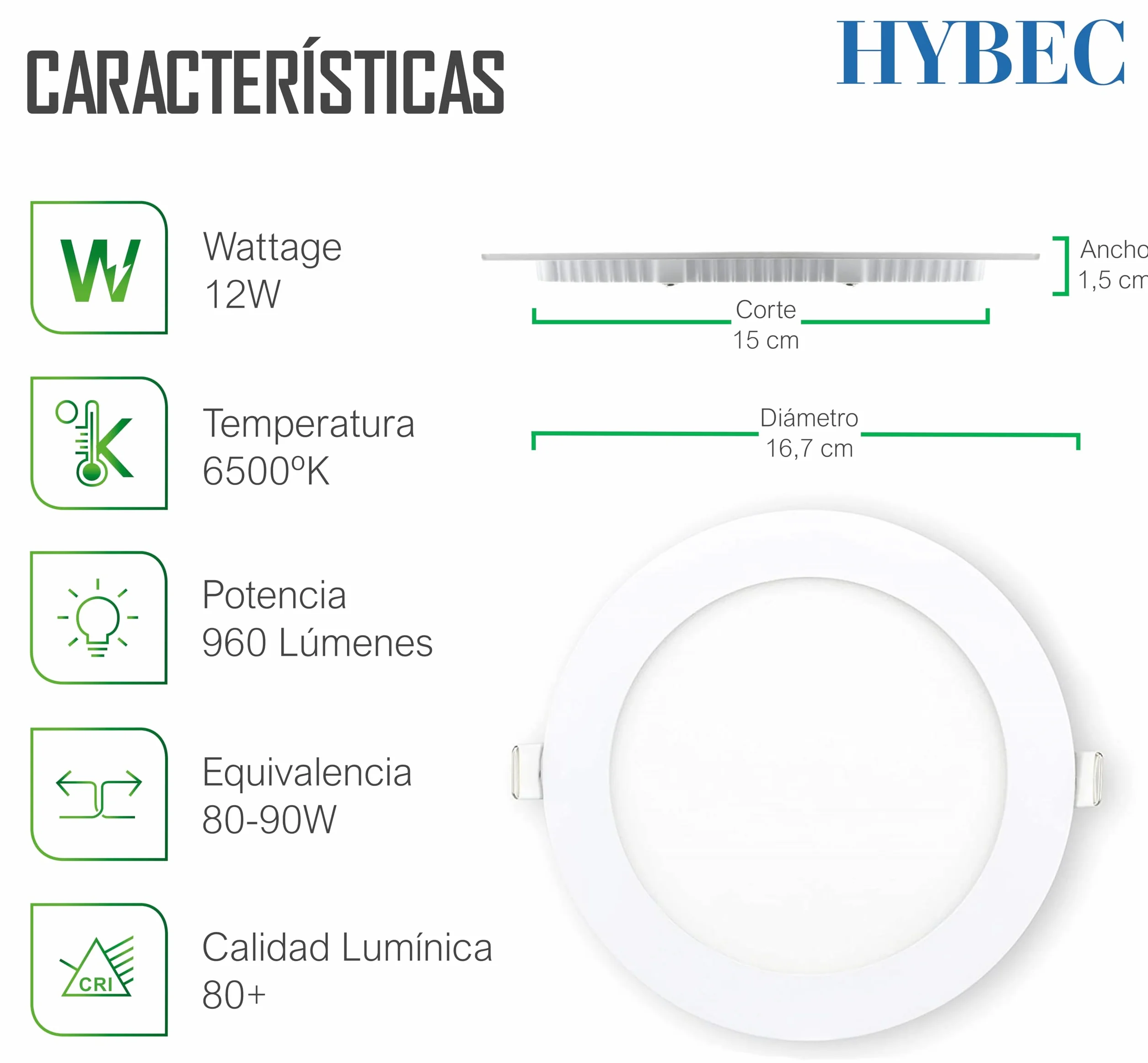 CLAR Hybec Downlight LED techo empotrable 12W Luz Cálida 3000K Pack 5