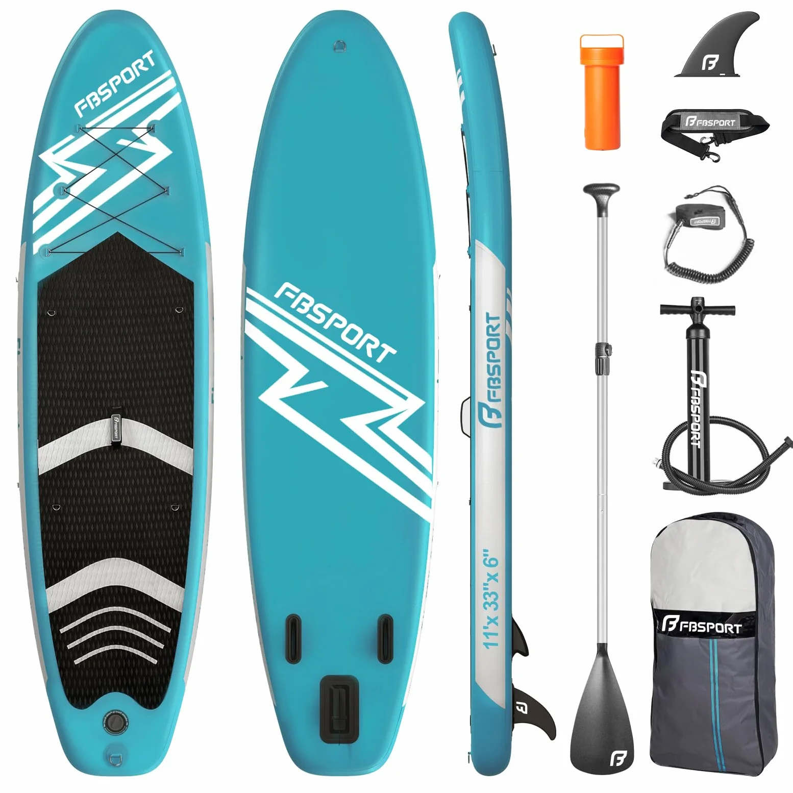 FBSPORT Tabla de Remo de pie 11 pies, Tabla de Yoga con Accesorios Sup y Bolsa de Transporte, Amplia Postura, Control de Surf, Cubierta Antideslizante, Correa, Pala y Bomba para